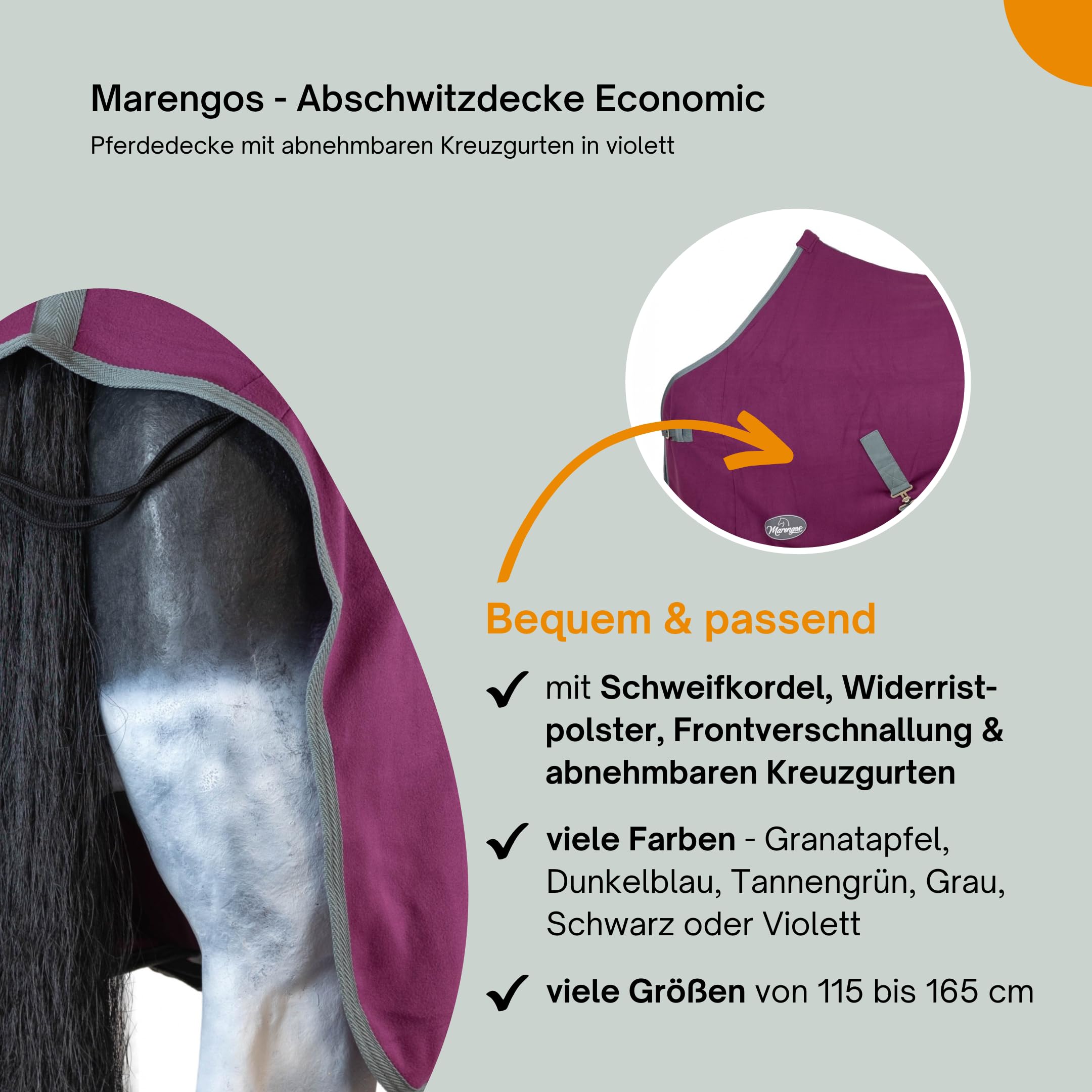 Marengos - Abschwitzdecke Economic mit Kreuzgurten (abnehmbar) | Pferdedecke mit Frontschnalle, Schweifkordel & Widerristpolster | atmungsaktive Fleecedecke | Pferde Zubehör in Violett | 115cm
