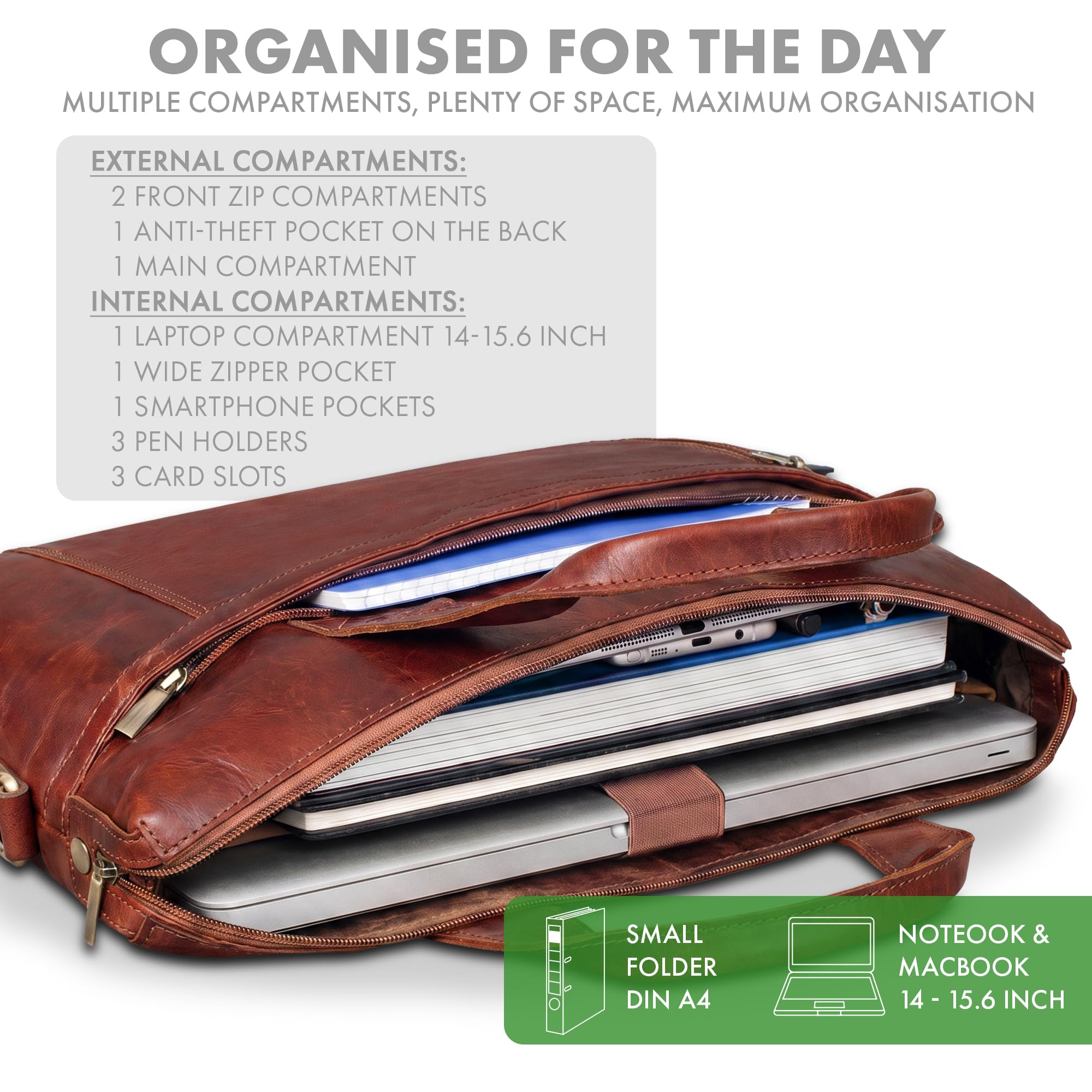 ROYALZ 'Seattle' Moderne Ledertasche Herren aus Echtleder groß - ideal als Business Aktentasche flache Laptoptasche 14-15.6 Zoll zum Reisen mit Trolley Halter