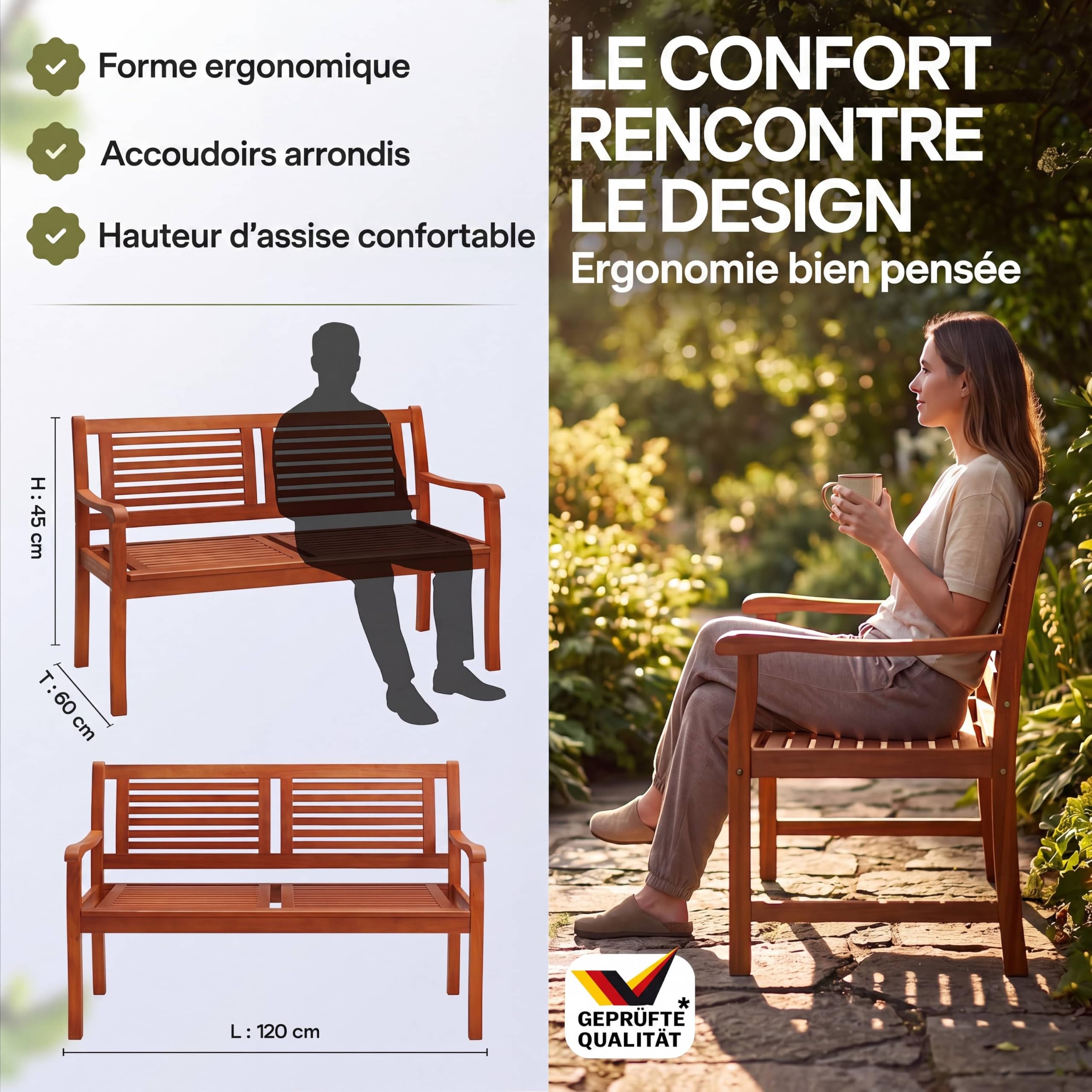 CASARIA® Banco de Jardín Exterior, Madera Certificada FSC® Eucalipto, Carga 320Kg, 2 Plazas, Mueble para Terraza Balcón Patio, 120x56cm, Reposabrazos, Resistente a la Intemperie