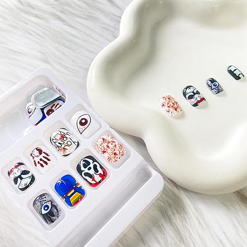 Miniatura 7 de Uñas postizas cortas a presión de Halloween, con cara aterradora, payaso ciclopia, diseños de palmeras terribles, uñas postizas cuadradas góticas