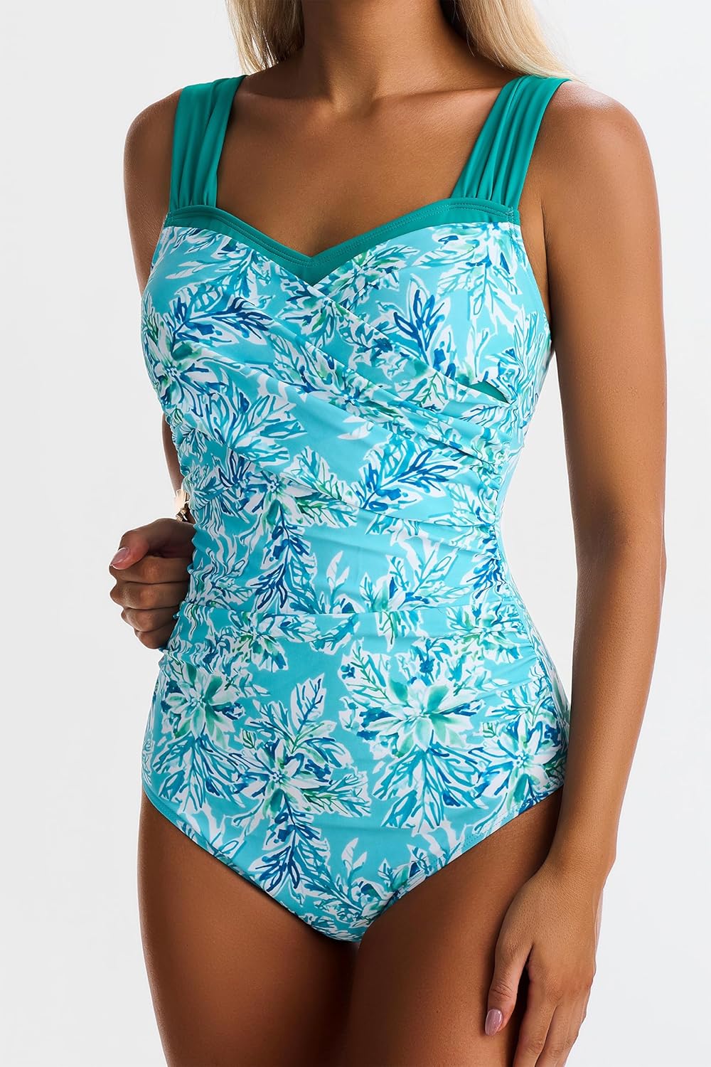 One Piece Swimsuit for Women Tummy Control Wide Straps Bathing Suits Full Coverage Swim Suit Color Block Swimwear - Image 2