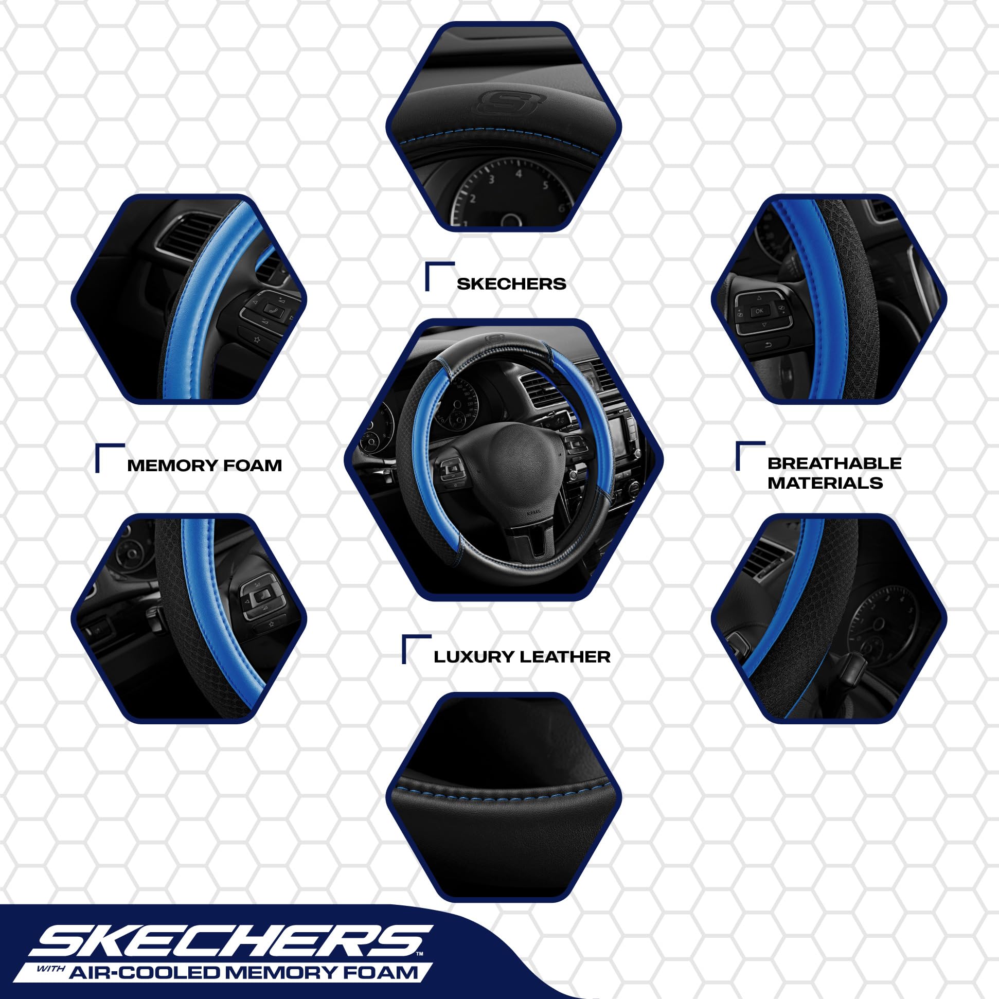 Skechers Luftgekühlter Lenkradbezug, luftgekühltes Netz-Leder, universelle Passform, 35,6 cm, 1,27 - 38,1 cm, Auto-Radschutz für Männer und Frauen, passend für SUVs, Vans, Limousinen, Auto, LKW, Blau