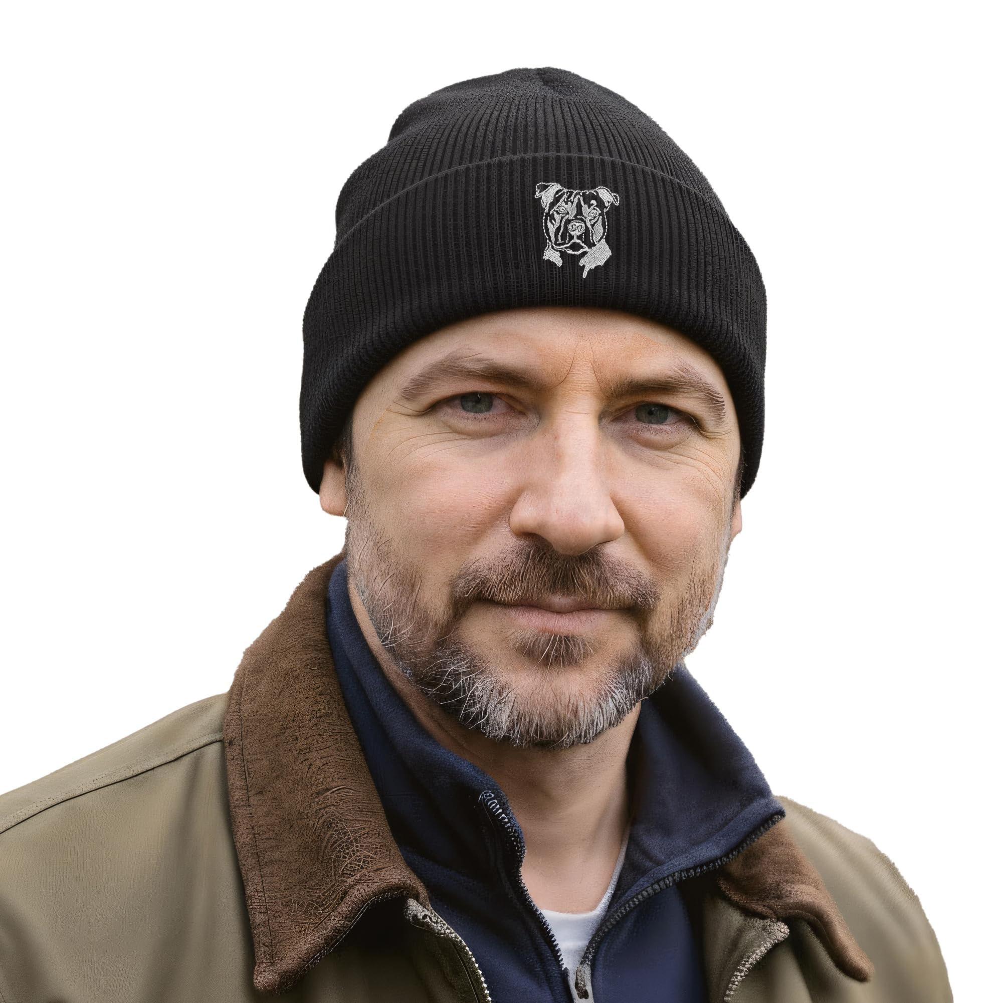 The House Of Dog: Staffy Staffordshire Bull Terrier Owner Gift. Classic Cuffed Unisex Beanie Ski Hat with Embroidered Design. Black
