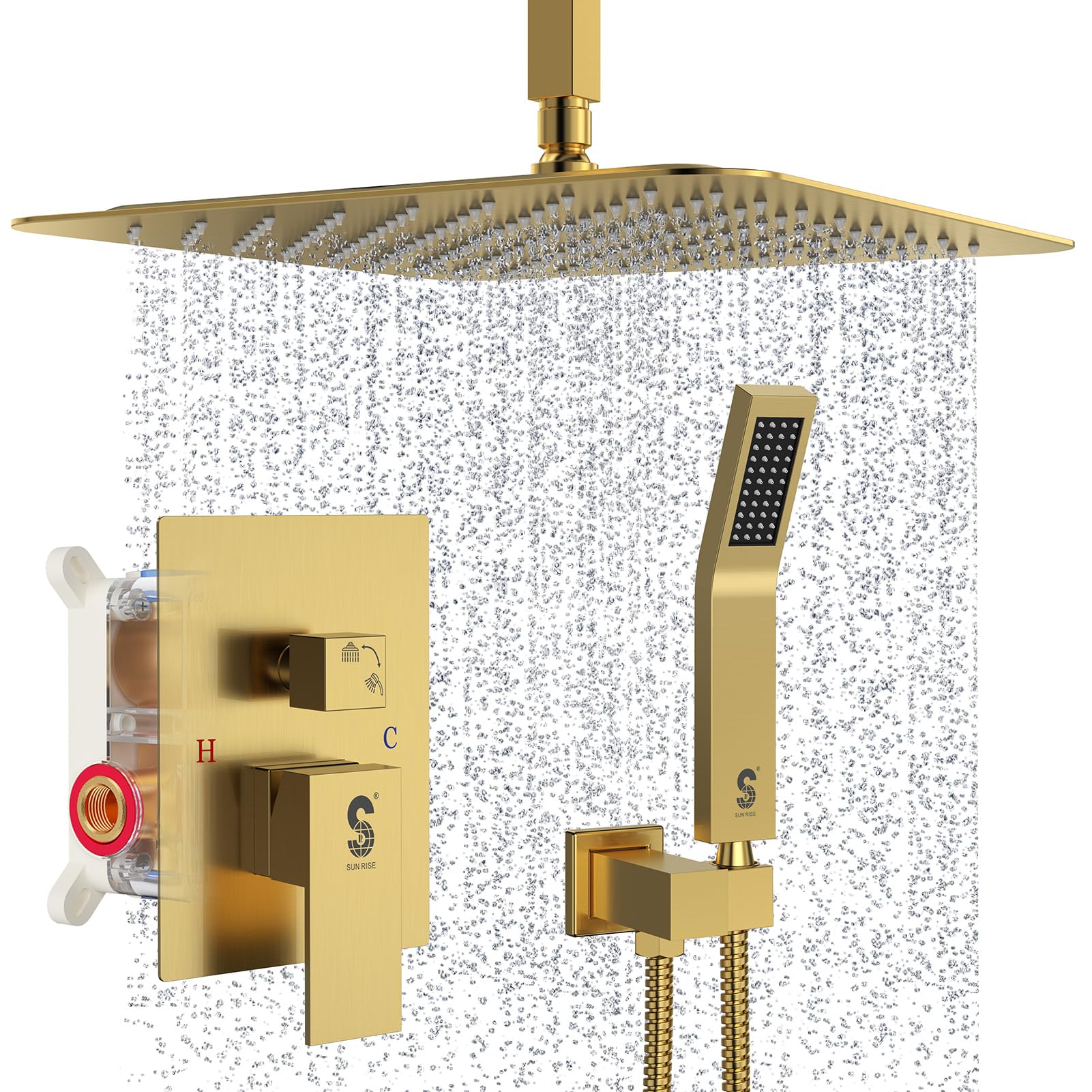 SR SUN RISE 16 Inch Ceiling Mounted Shower System Rain Mixer Shower Combo Set Rainfall Shower Head System Brushed Gold Shower Faucet Rough-in Valve Body and Trim Included