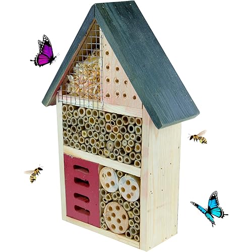 CLEVER GARDEN Wooden Insect House and Hotel, Natural Bug Habitat Attracts Bees, Butterflies, Ladybugs, and More, Medium