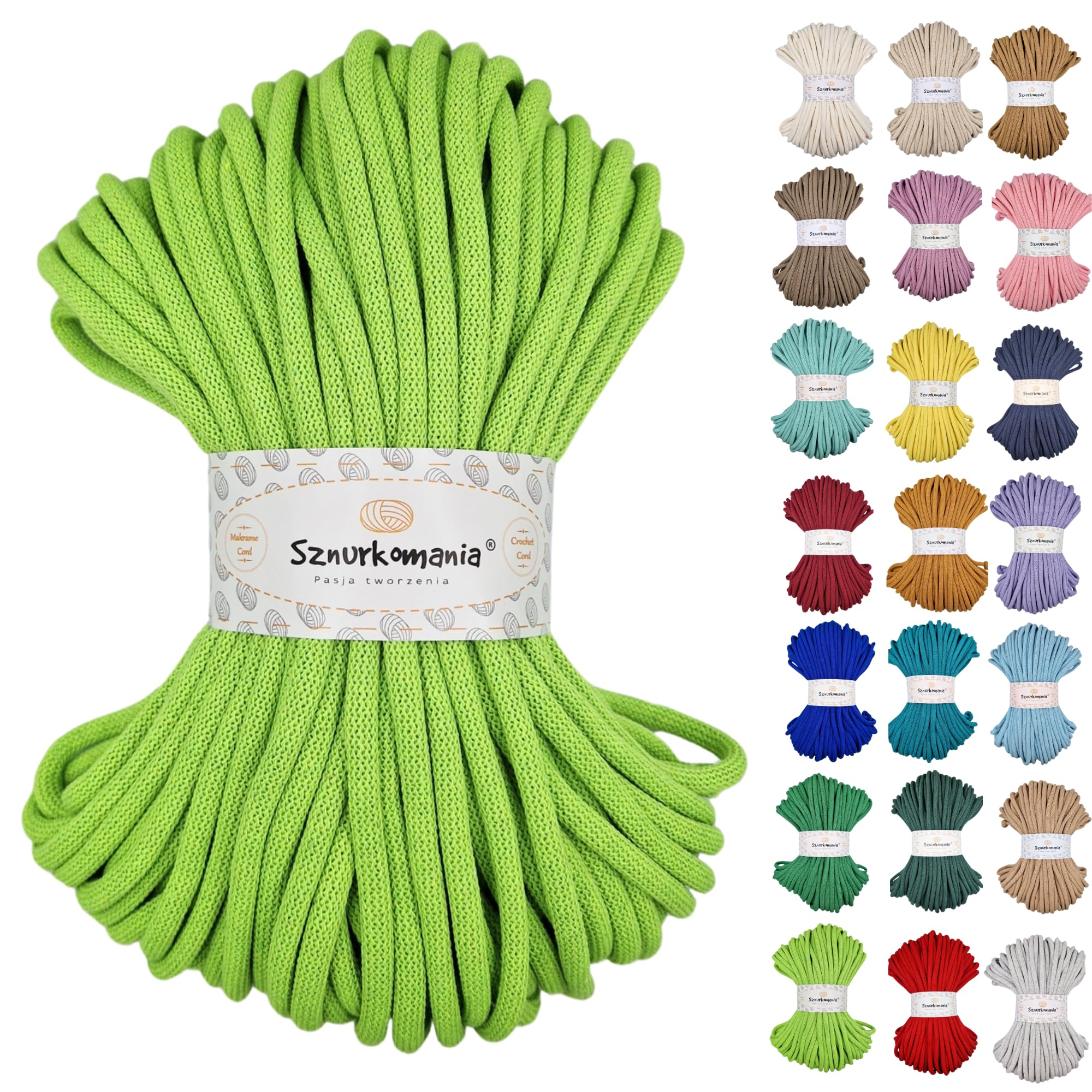 Sznurkomania, Cotton Cord 9mm 50m, Many Colors, Macrame Yarn, Cotton Yarn, Braided Cotton Cord 9mm with Core, Crochet Cord, Crocheted Bag (Lime)