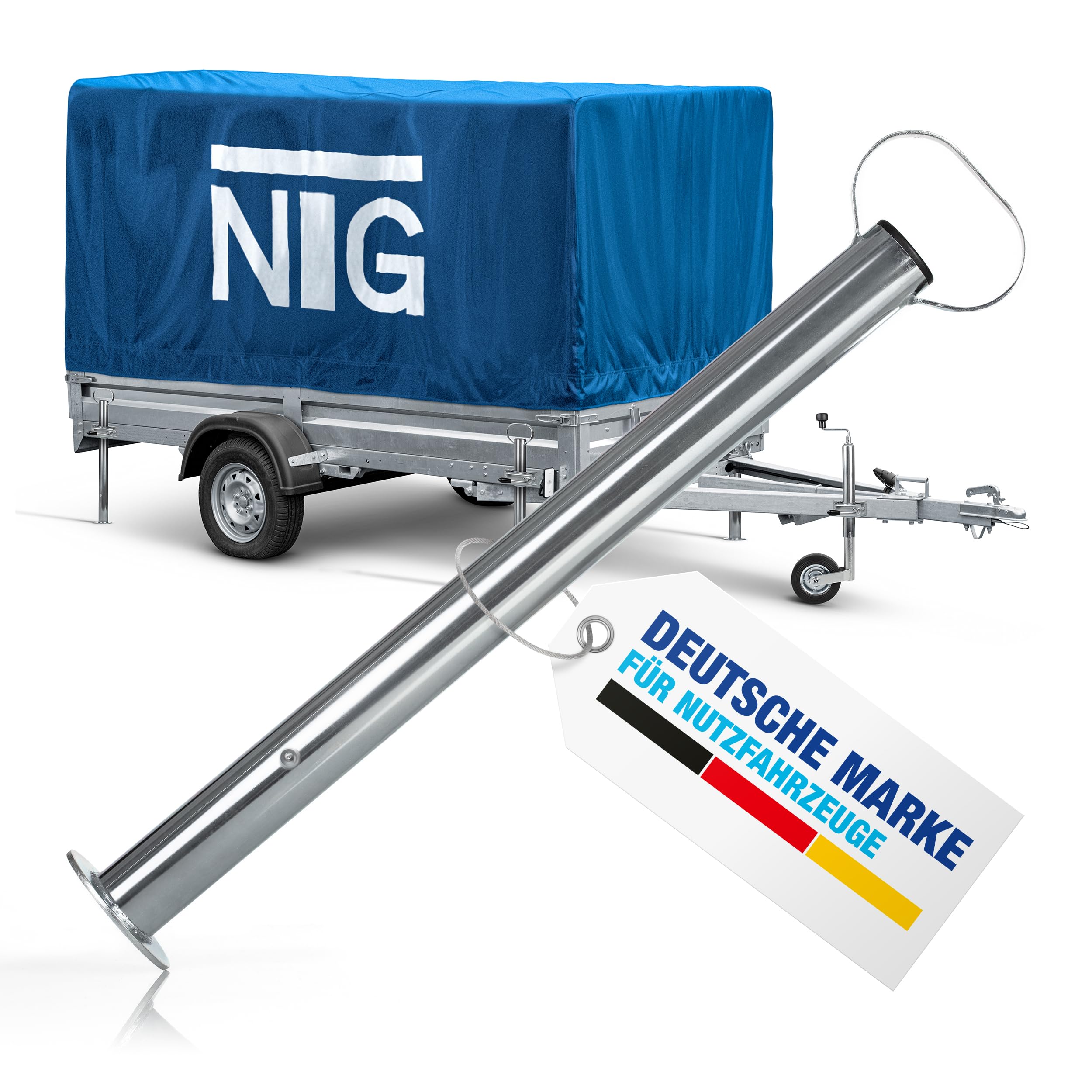 NTG Zestaw podpór do przyczep 4 sztuki, wysokość 600 mm, każda o nośności 300 kg, średnica 48 mm, akcesoria do przyczep z uchwytem i podstawą talerzową, ocynkowany stal, podpory do przyczep trwałe dla