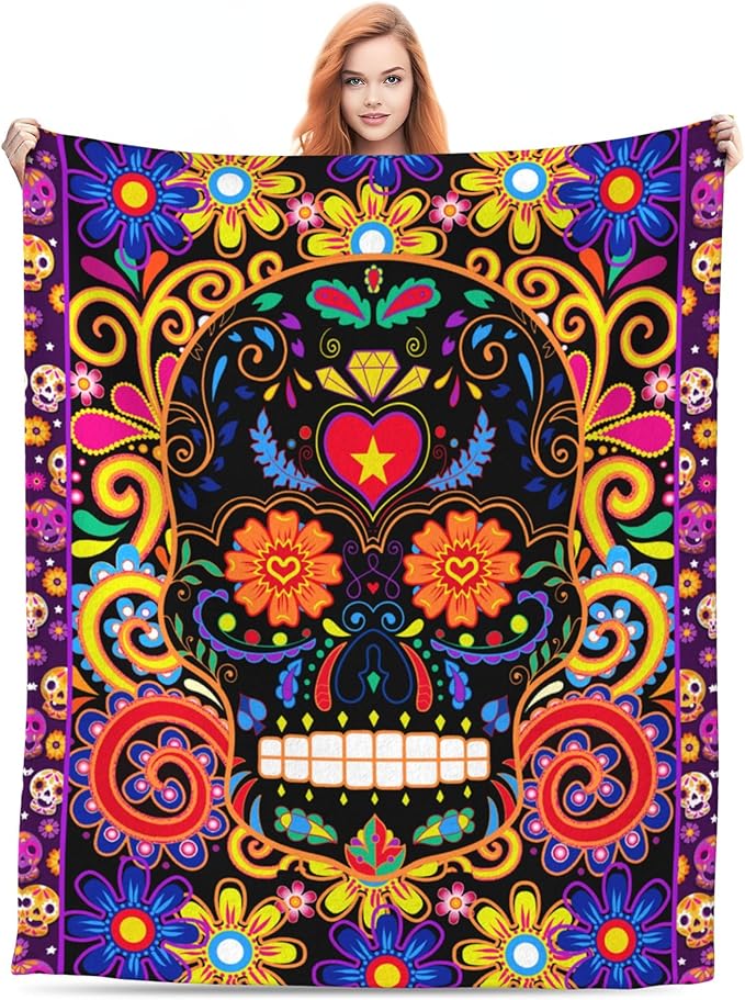 Day of The Dead Plush Throw Blanket - Lightweight, Comfy, Premium Flannel, Ultra-Soft Skull Skeleton Blanket - All Season Use - M (60'x50')