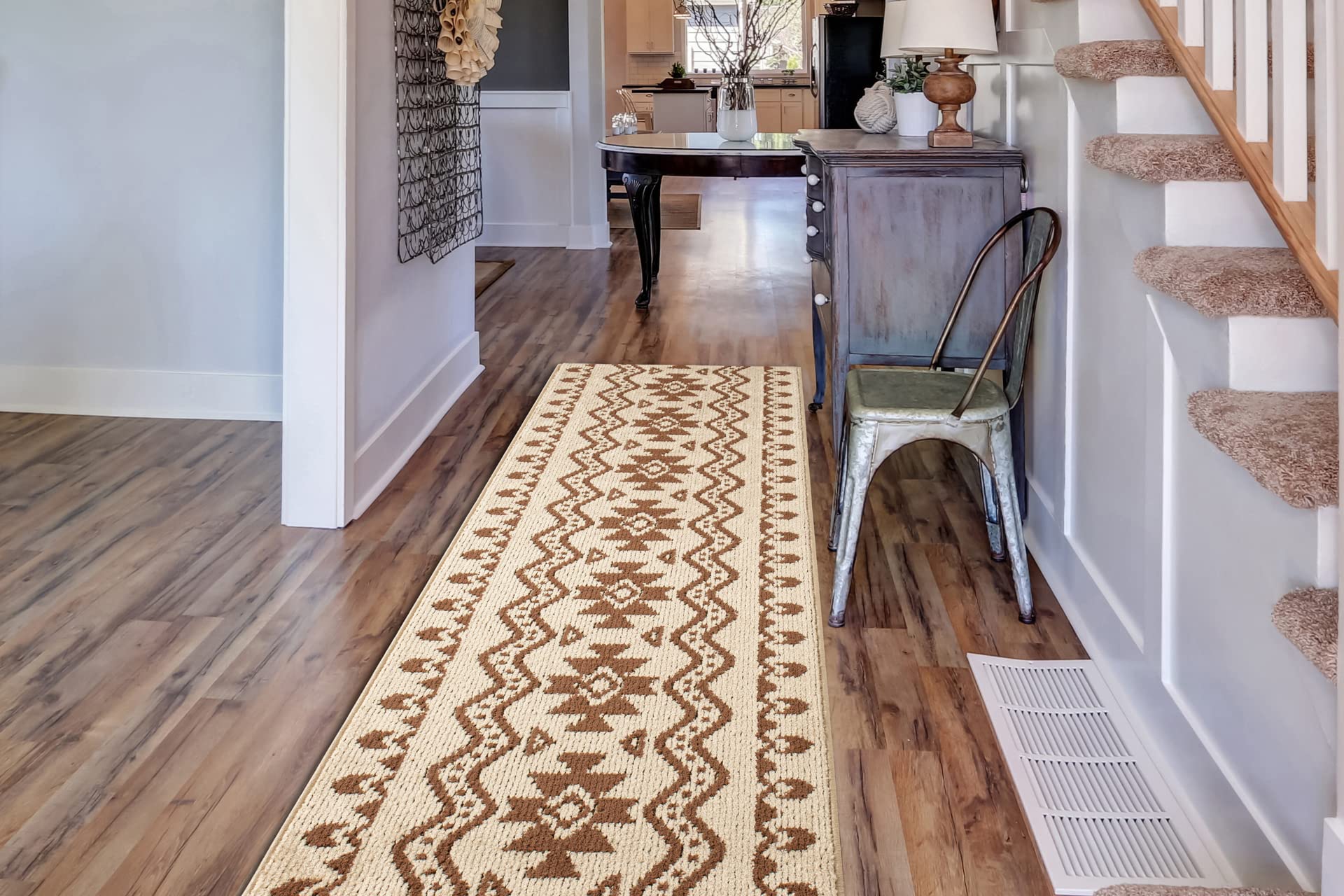 Custom Size Southwestern Tribal Non-Slip Carpet Runner Rug for Long Narrow Hallways, Prevent Slippery Cold Floors, Aztec Beige, 25 '' X 5 '