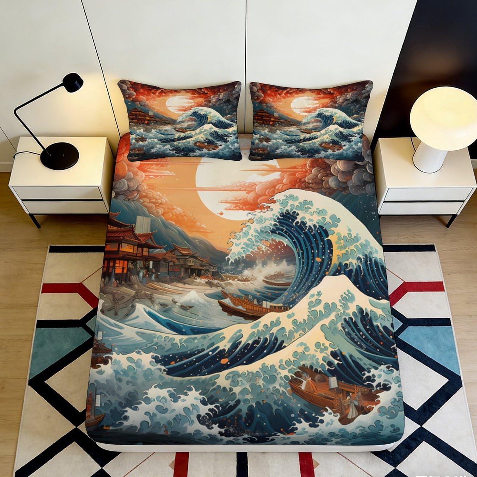 3D Printed Japanese Wave Fitted Sheet Microfiber Soft Ocean Sunset Bed Cover for Bedroom Guest Room Mattress Protection 90x200x25cm
