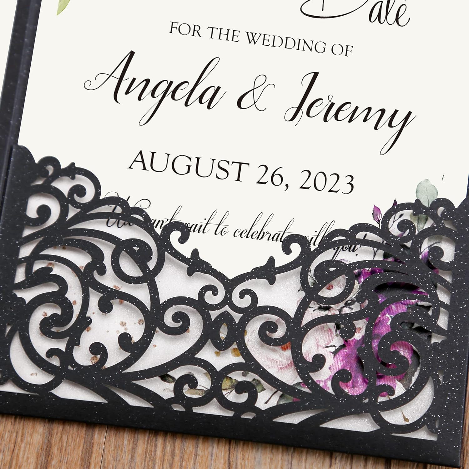 DORIS HOME 50pcs Black Customized 4.7x7 Inch Wedding Invitation Kits Laser Cut Hollow Rose Pocket Wedding Invitations with Envelopes For Wedding Bridal Shower Engagement Invite