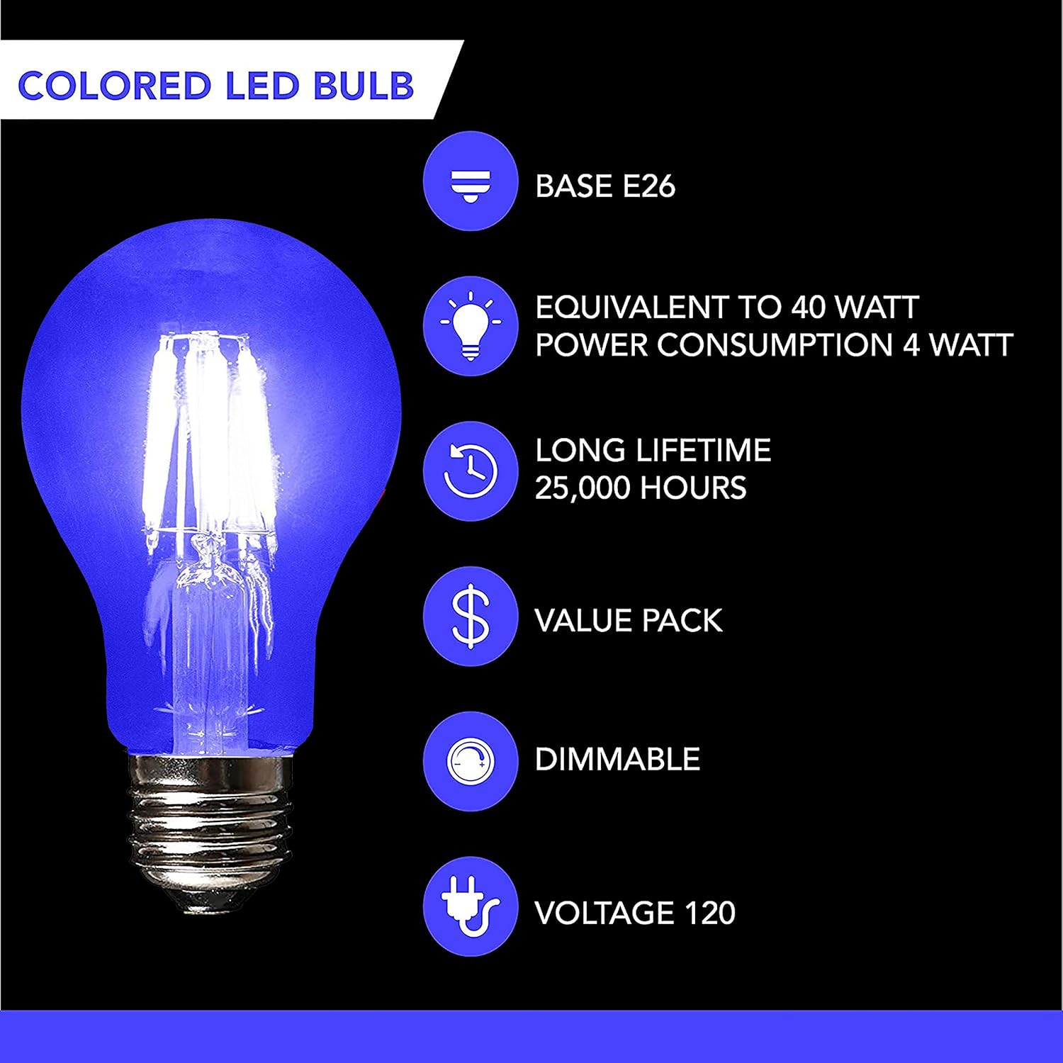 Crеаtіvе Prоduсt SleekLighting LED 4Watt Filament A19 Blue Colored Light Bulbs – UL Listed, E26 Base Lightbulb – Energy Saving - Lasts for 25000 Hours - Heavy Duty Glass - 2 Pack