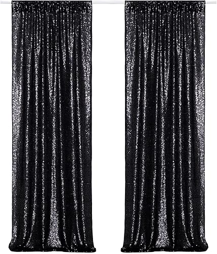 Poise3EHome Cortinas de fondo de lentejuelas negras, 2 paneles de 2 x 8 pies con purpurina para cabina de fotos para Halloween, cumpleaños,