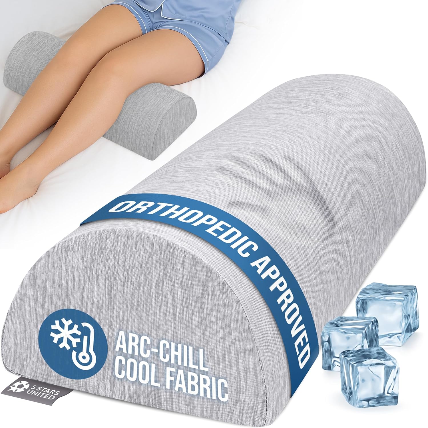 5 stars united knee pillow for back sleeping   cooling cover - memory foam cushion for sciatica pain relief   under leg support for sleeping on back   large half moon bolster for bed, arctic gray