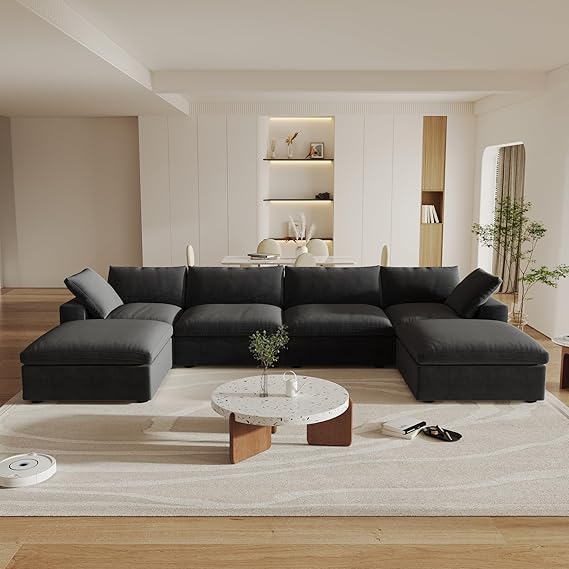 Cloud Couch Modular Sectional Sofa with 2 Storage Ottomans,160.6" U Shaped Couch,6 Seater Minimalist Wide Deep Seat Convertible Couches, Covers Washable&Replaceable,Black