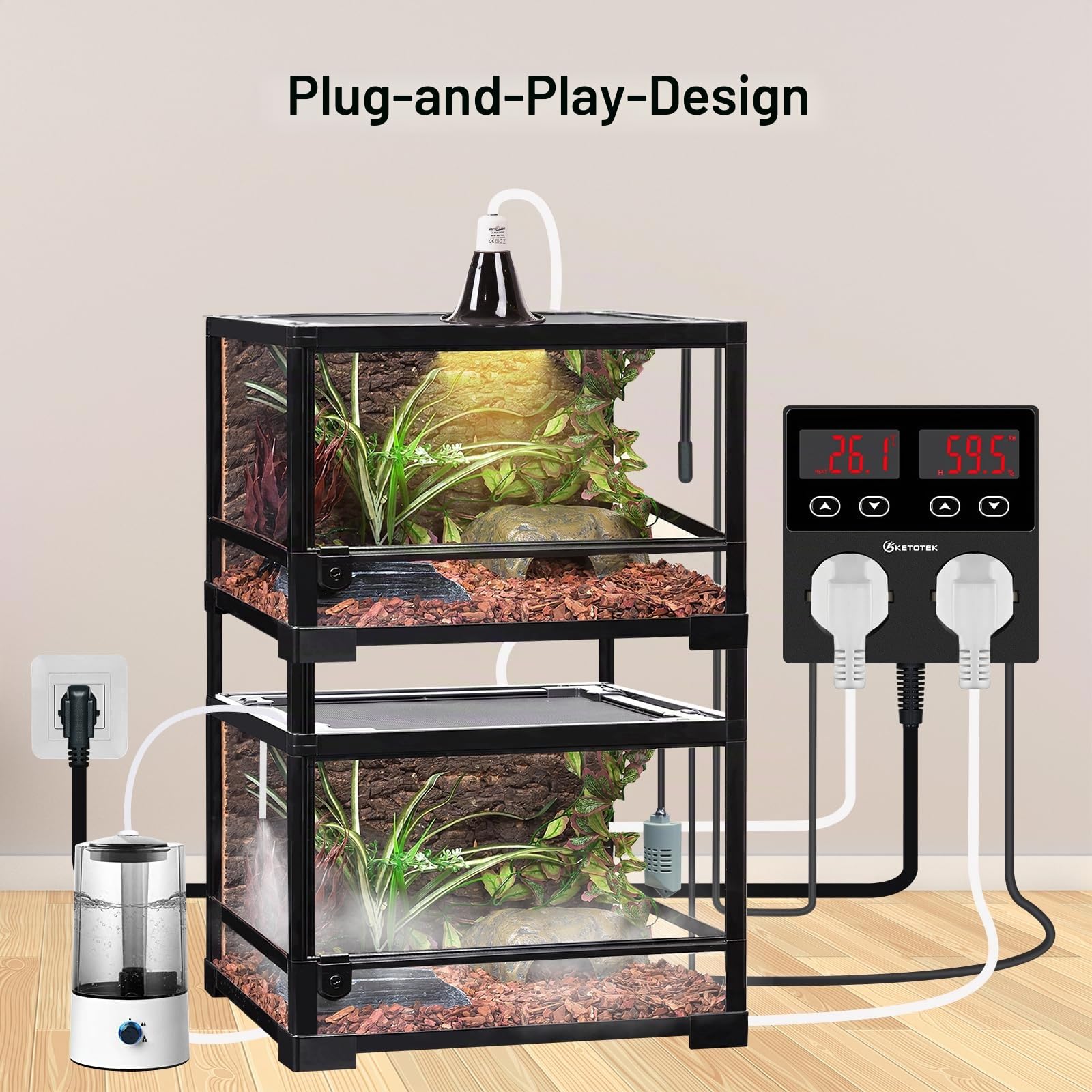 KETOTEK Thermostat Hygrostat Steckdose Digital, Temperaturregler Feuchtigkeitregler Steckdose mit 2 Fühler 230V, Temperatur Feuchtigkeit Regler für Gewächshaus Pilz Terrarium