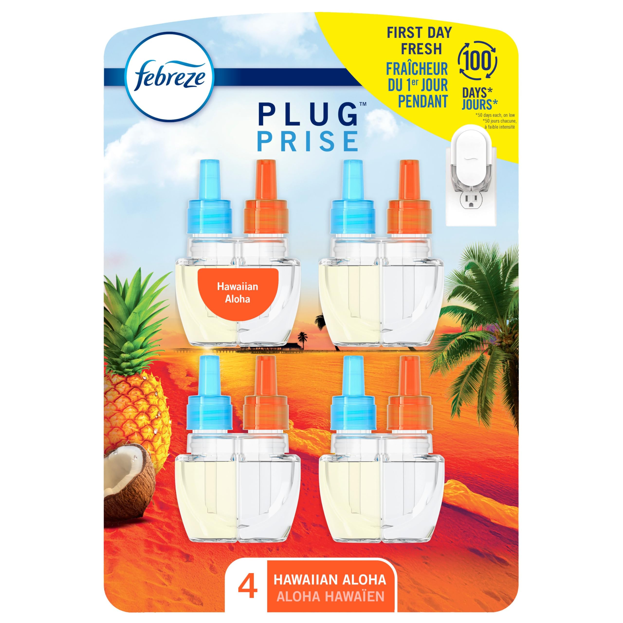 Febreze Plug In Air Freshener, Odor-Fighting Scented Oil Refill, Air Fresheners for Home and Bathroom and Kitchen, Long Lasting for Strong Odors, Hawaiian Aloha Scent, 0.87oz Refills, 4 Count