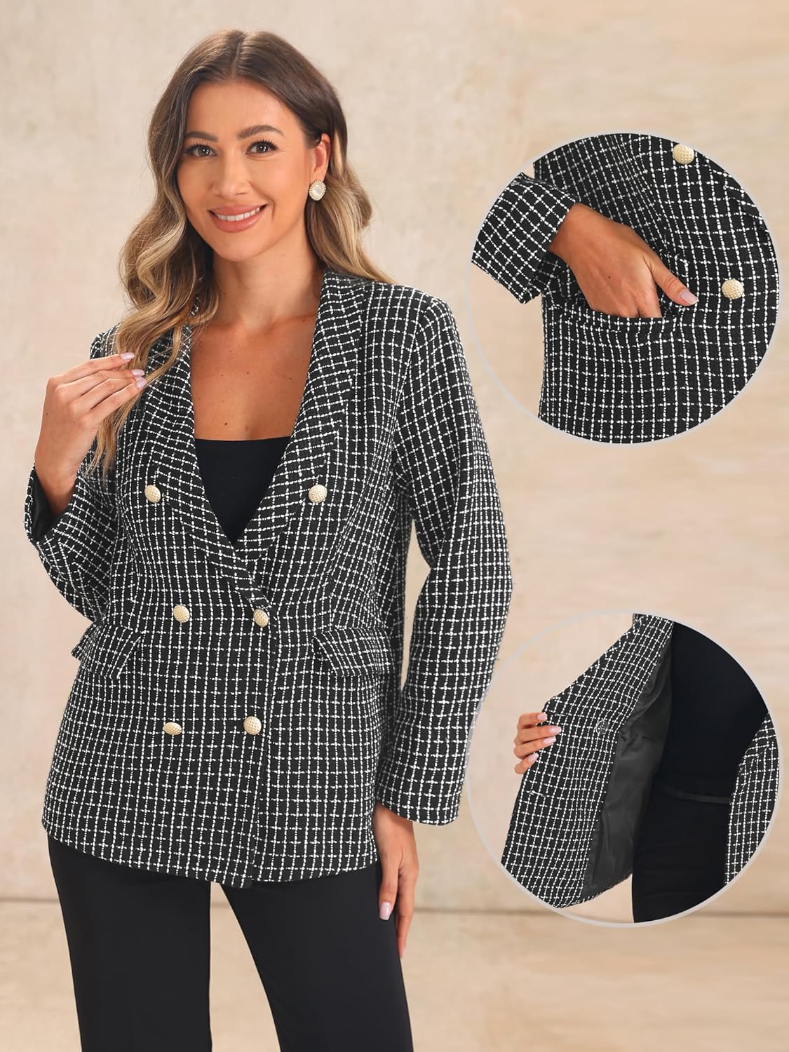 Allegra K Tweed Blazer for Women's Button Front Plaids Jacket Coat