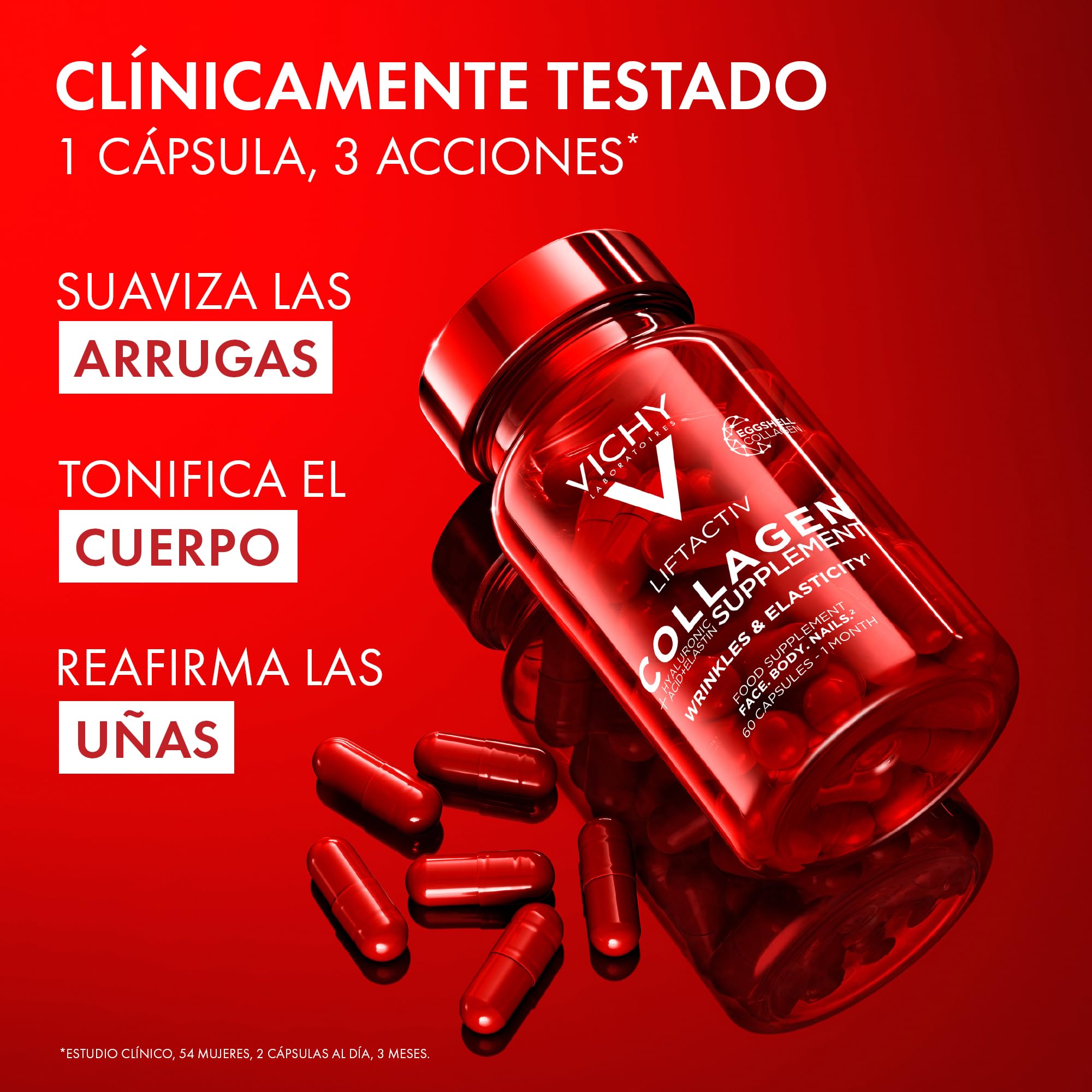 Vichy Liftactiv Suplemento de Colágeno para suavizar la apariencia de las arrugas, tonificar el cuerpo y reafirmar las uñas, para hombres y mujeres, 60 cápsulas.