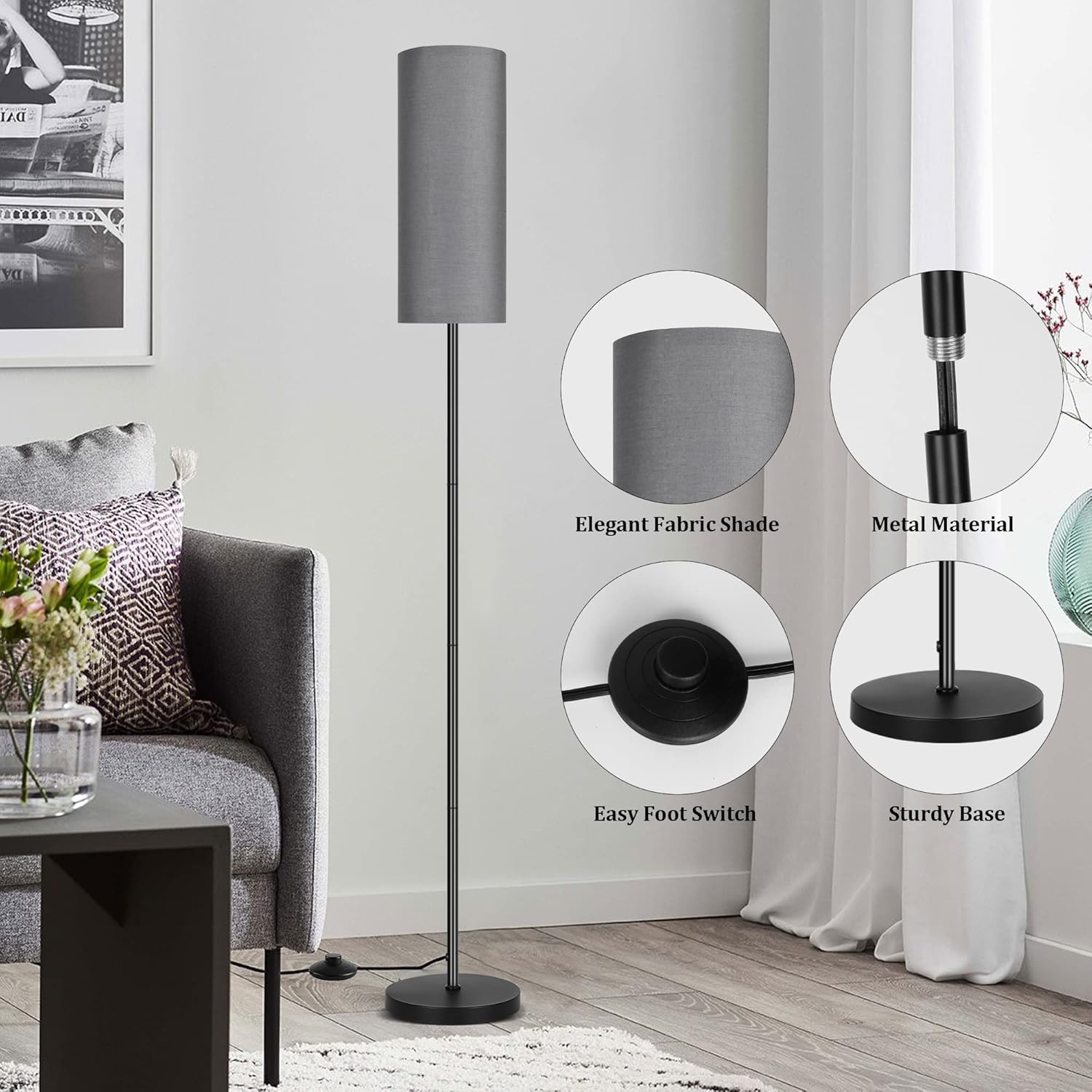 PARTPHONER Floor Lamp for Living Room, Modern Standing Lamps with Lampshade, Minimalist Tall Lamp with Foot Switch for Living Room, Bedroom, Kids Room, Office(Bulb Not Included)