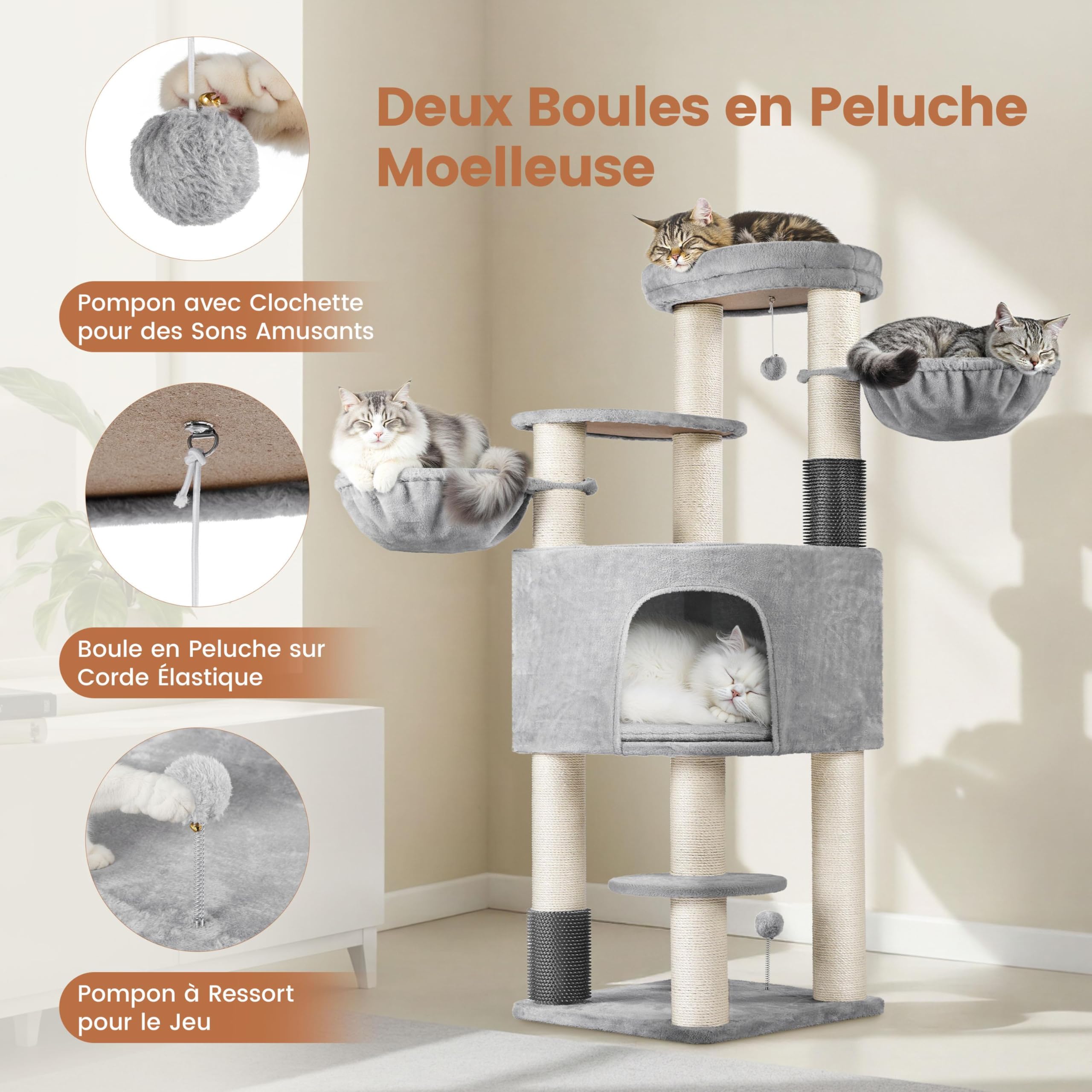 Abician Arbre à Chat XXL, Tour de Jeux pour Chat 25 KG, 56×56×160 cm, avec Griffoirs/Grande Niche/2 Panier/Perchoir/2 Jouets, Poteaux en Sisal 11 cm Ø Gris Clair/Beige