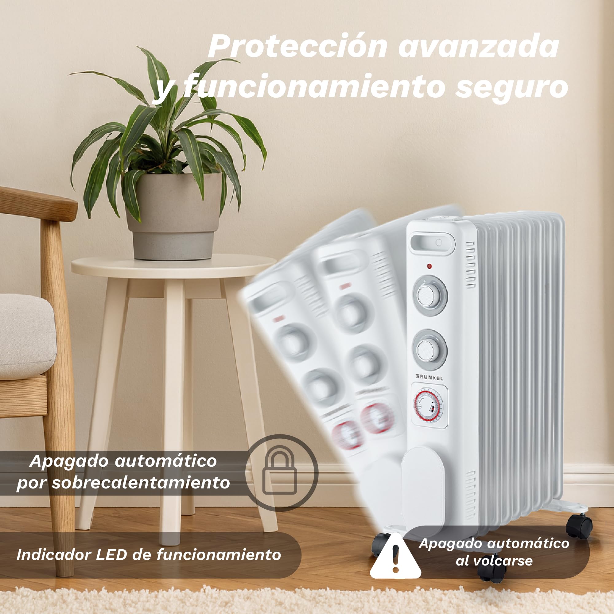 GRUNKEL RD-2000S Radiador de Aceite, 2000W-2500W, 9 Elementos, 3 Niveles de Potencia, Temporizador 24h, Termostato Regulable, Ruedas Multidireccionales