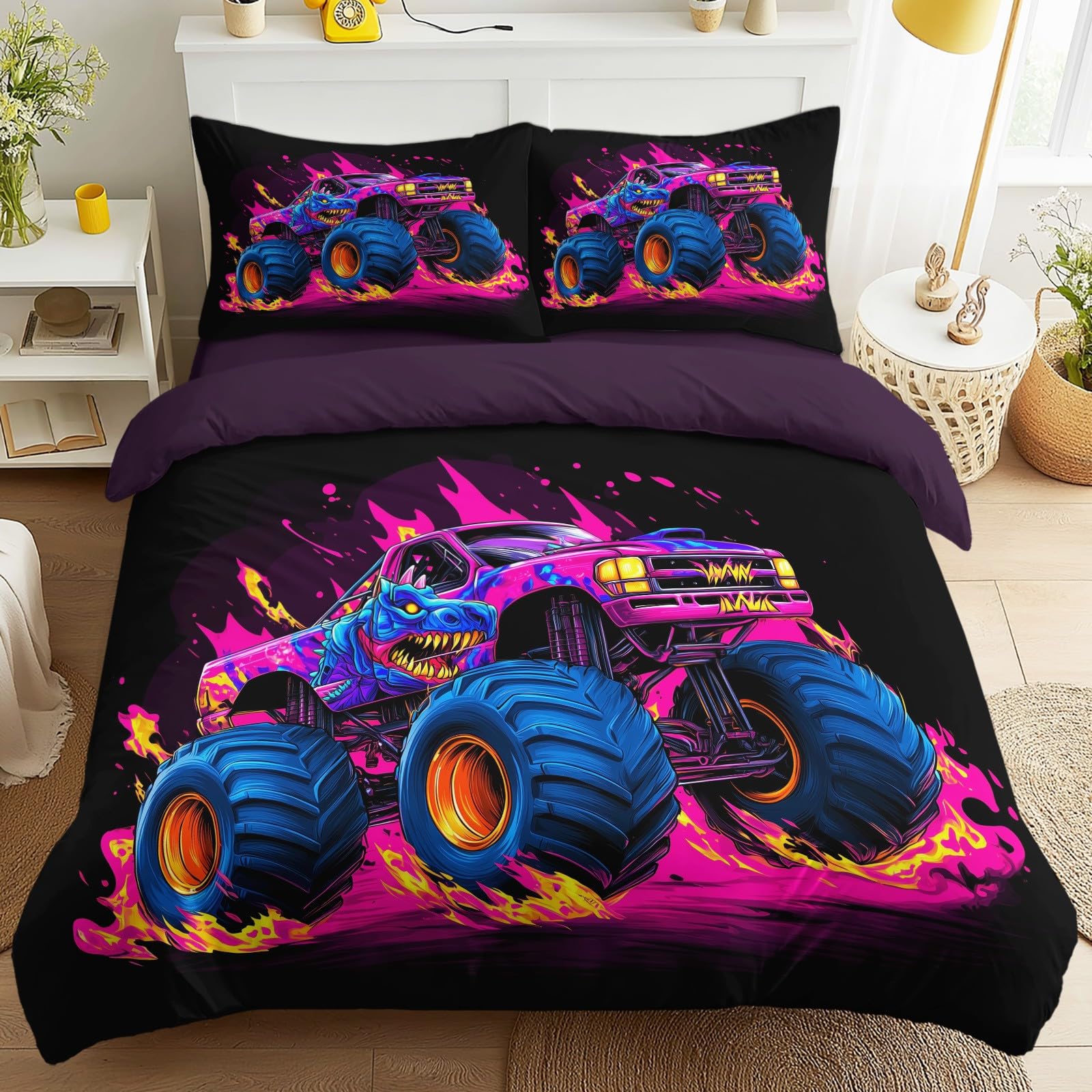 Poszwa na kołdrę Design sport fantasy 3-częściowy zestaw pościeli z płomieniem ciężarówka, zestaw z mikrofibry ciemnofioletowy komplet pościeli z 1 poszewkami na poduszki i 1 prześcieradłem z gumką