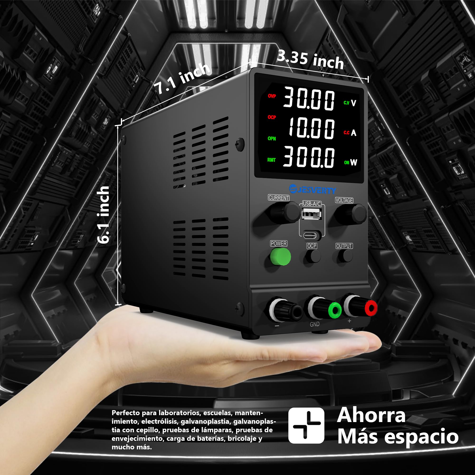 Fuente de alimentación CC Variable, 0-30V 0-10A Fuente de alimentación de Banco regulada CC con Carga rápida USB y Tipo C, Perilla codificadora,Interruptor de Encendido/Apagado de Salida Jesverty