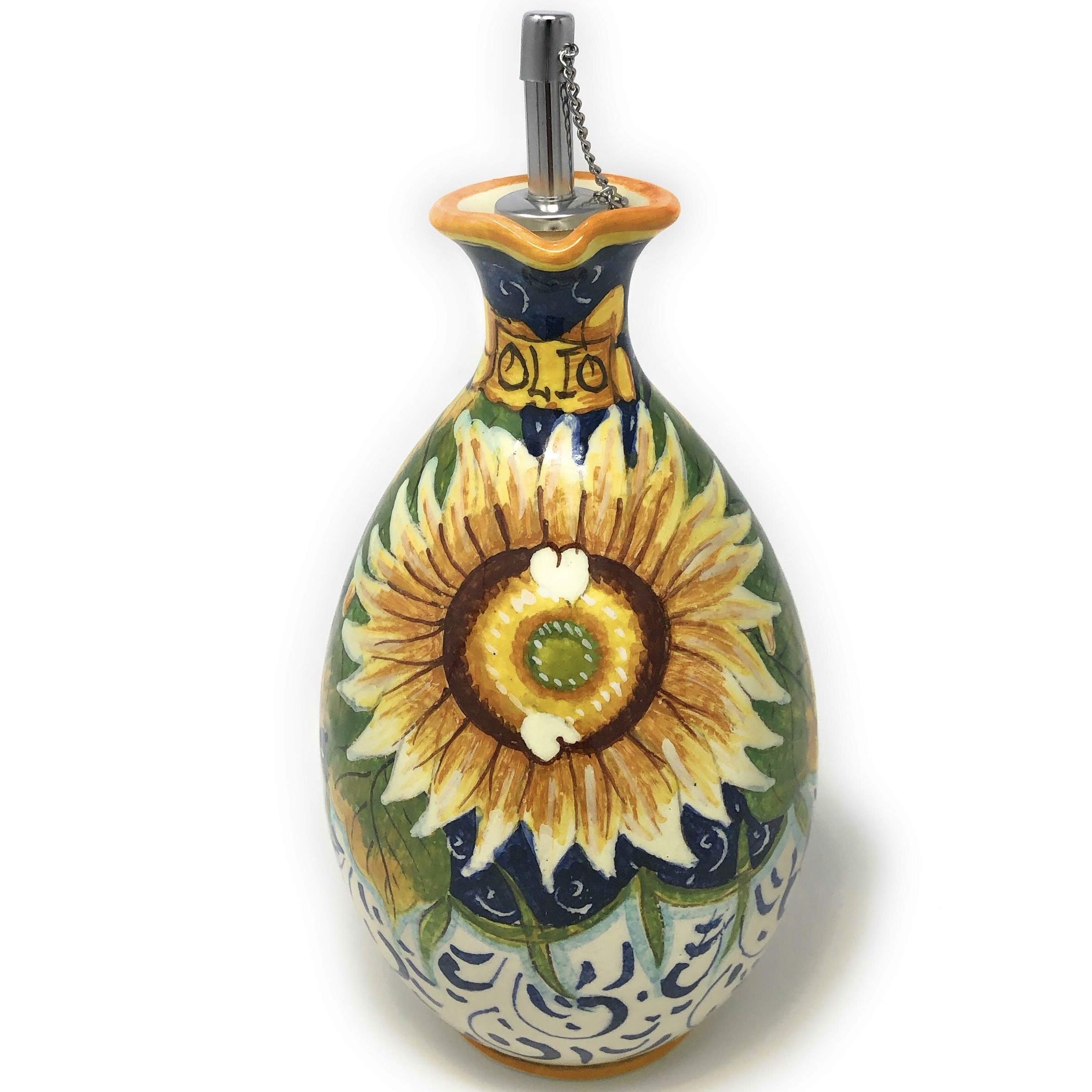 CERAMICHE D'ARTE PARRINI - Italian Ceramic Art Pottery Hand Painted Dispenser Oil Cruet Sunflower Made in ITALY Tuscany