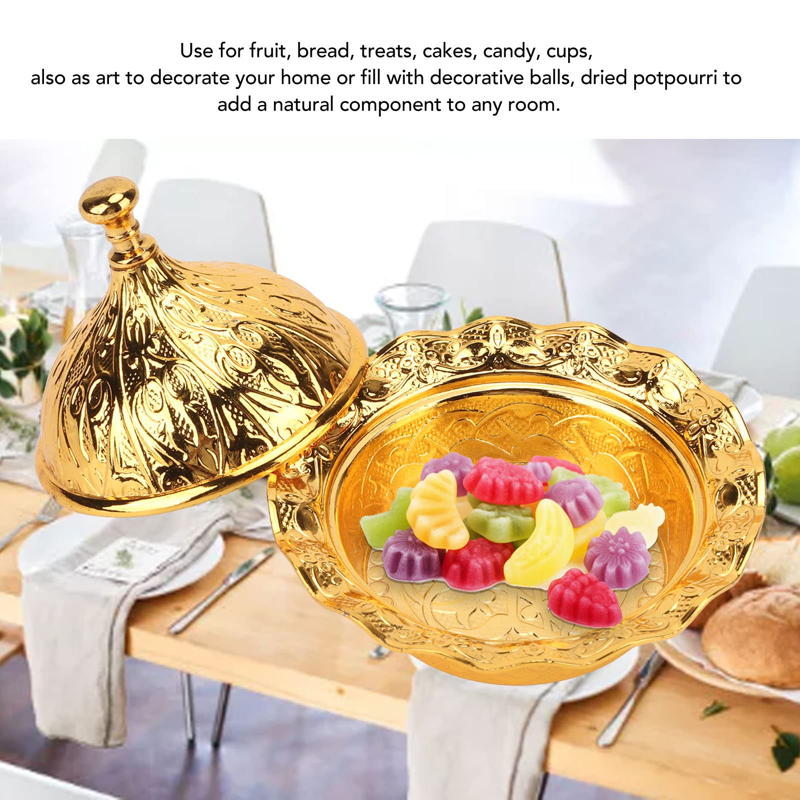 Candy Dishes with Lids, Gold Decorative Bowl, Floral Embossing Vintage Chocolate Candy Bowl Fruits Serving Tray Snacks Plate Sugar Container for Wedding Party Hotel Counter