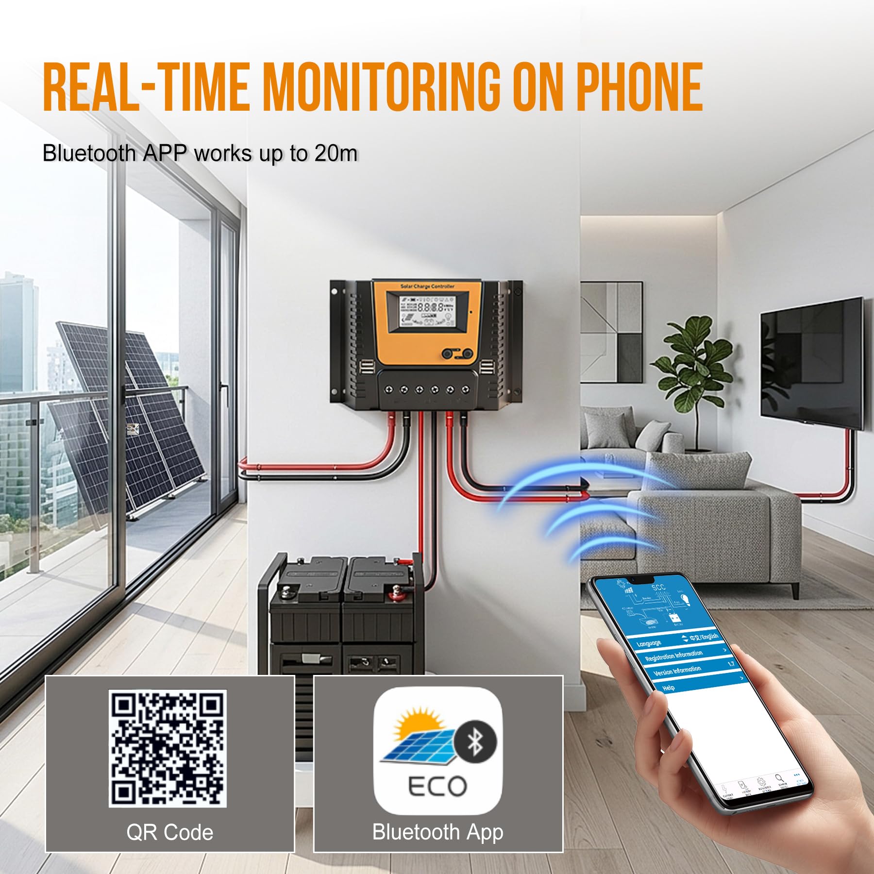 80A Solar Laderegler 12V 24V 36V 48V Mit Bluetooth, PWM 80A Solarladeregler mit Temperatursensor LCD Anzeige und 4 USB Ports,Geeignet 12V 24V 36V 48V LI SLD FLD GEL AGM Batterie