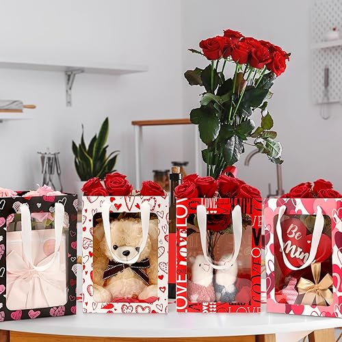 Miniatura 7 de Bolsa de regalo de corazón para el día de San Valentín con ventana transparente y asas, 10 x 7 x 3.15 pulgadas, 12 unidades de corazones pastel para