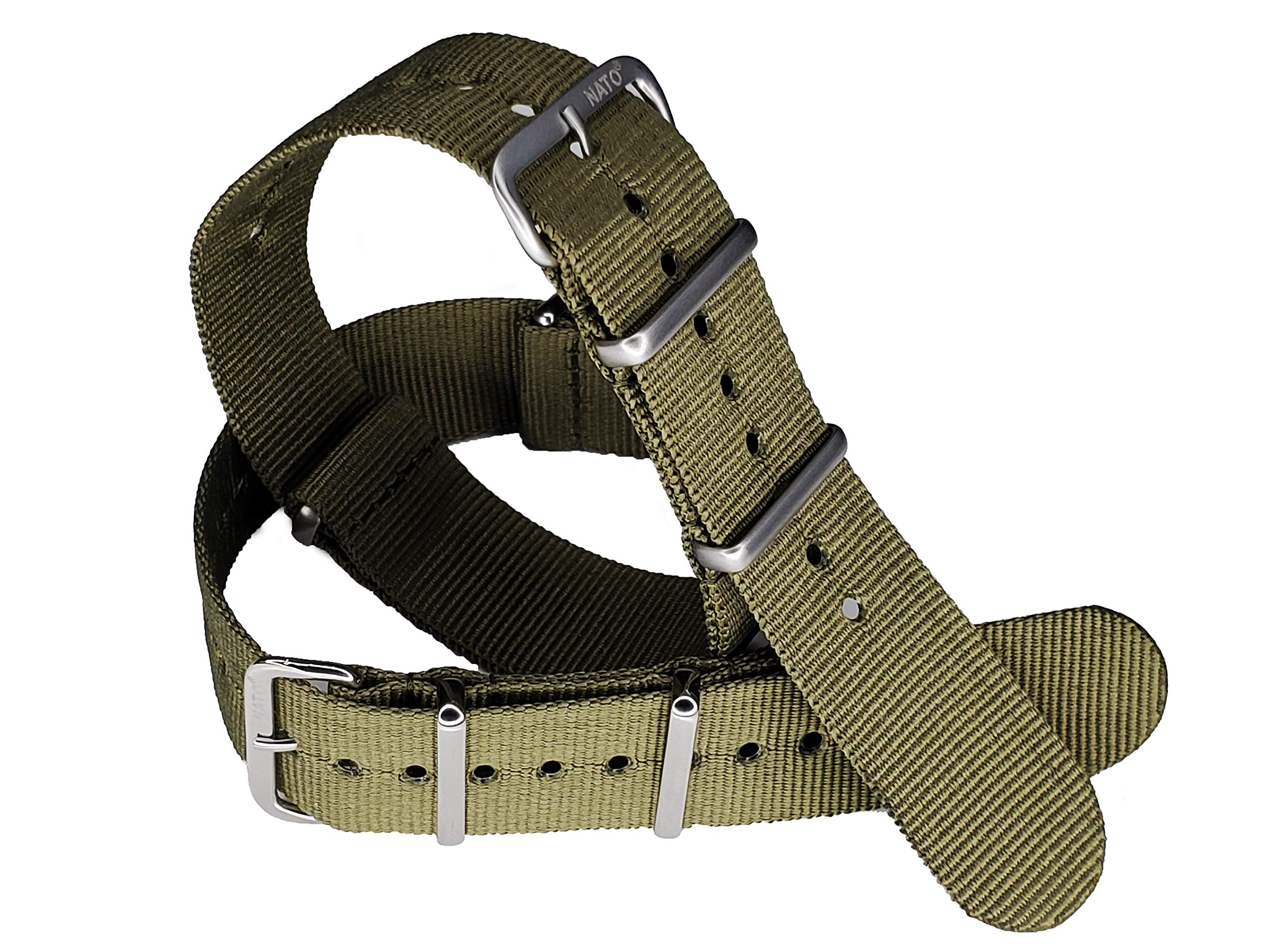NATO G10 OLIVE GREEN Premium Ballistic Nylon Military Watchband 16mm 18mm 20mm 22mm 24mm Stainless Steel High Polished Buckles USA Stock (Satin Brushed Hardware, 16mm)