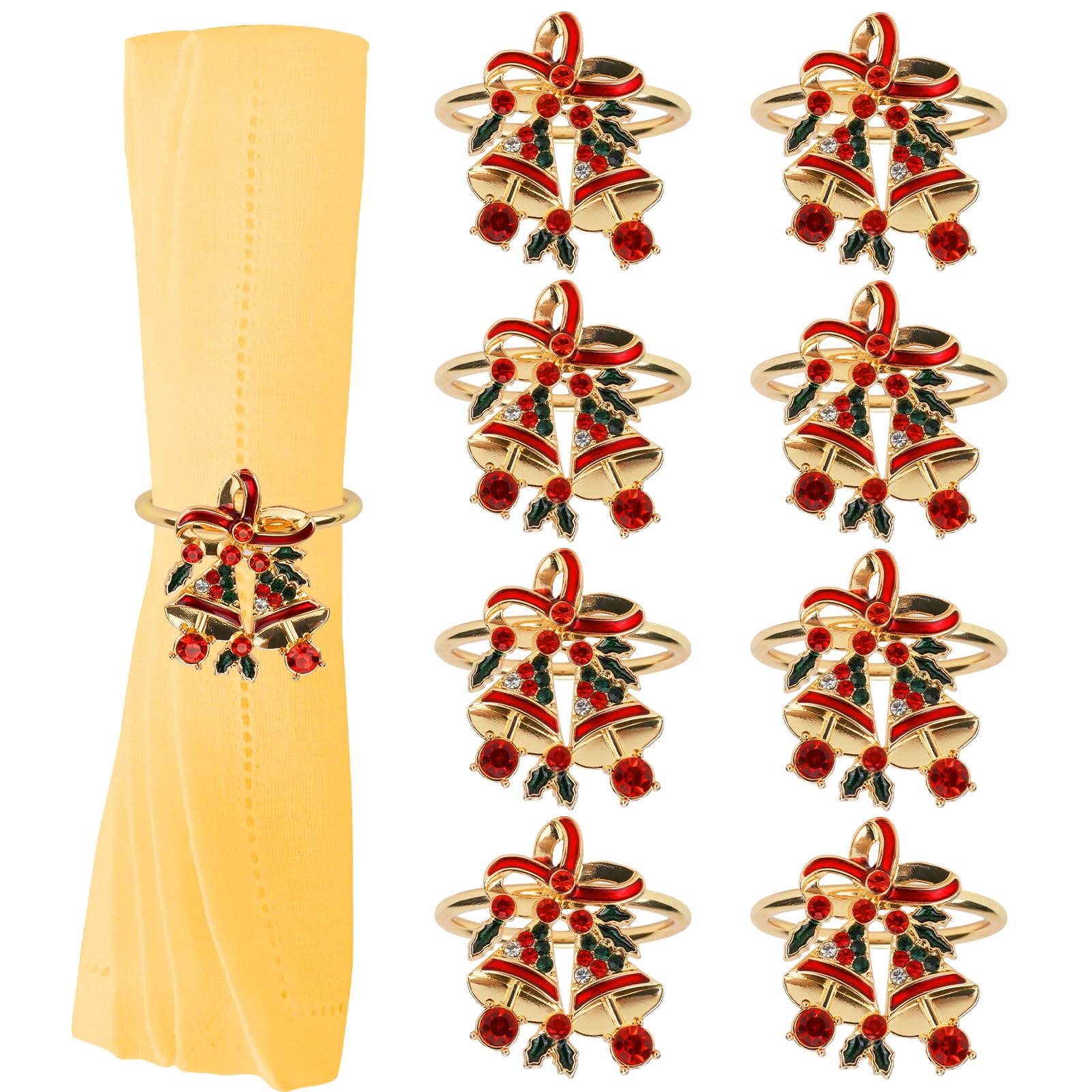 MOAMUN 8 Servilletero Campana de Navidad, Servilleteros de Navidad Individuales con Diamantes de Colores, Exquisitoy Hermoso Juego Hebillas Servilletas Navideñas para Decoración de Mesa Navidad Cena