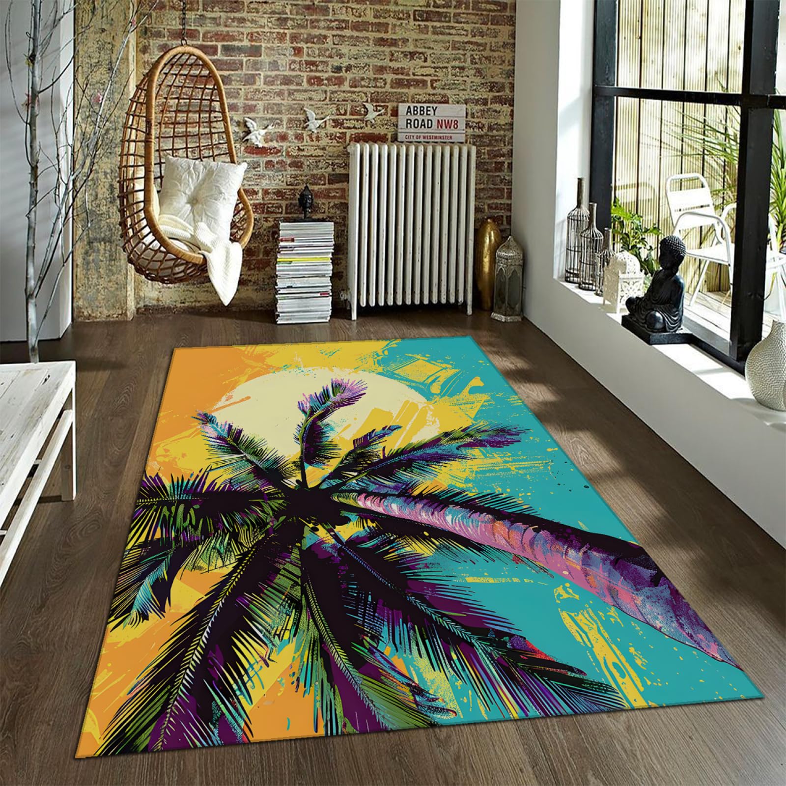 Moquette colorée avec tapis palmiers antidérapant et lavable 160x220