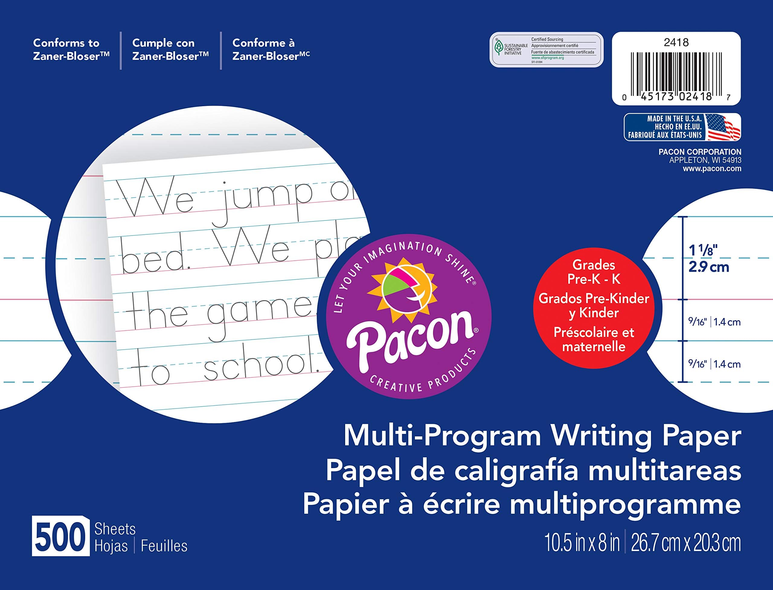 Pacon Handwriting Paper, ZanerBloser Grades PreK & K, 11/8" x 9/16" x 9/16