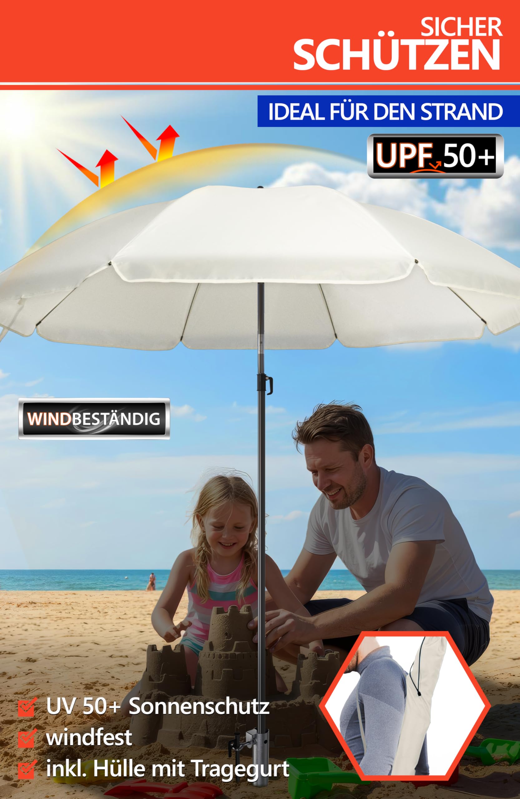 4smile Sonnenschirm Strand Set 3-in-1 Ø 180 cm Windfest UV Schutz 50+ Beige