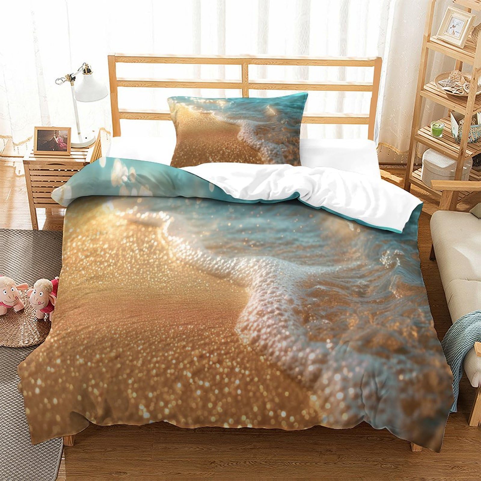 P1s9u7w5y Water Ripple-8 3D Printed Beach Scene 3Pcs Microfiber Ocean Wave Duvet Cover Set Bedding Set Single（135X200cm）