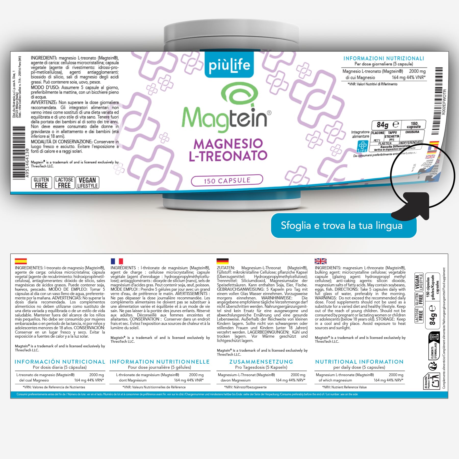 Magnesio Treonato Magtein PiùLife – 2000 mg (di cui 164 mg Magnesio Puro Elementare) – Integratore Memoria e Concentrazione – 150 Capsule – Magnesium L-Threonate Gluten & Lactose Free