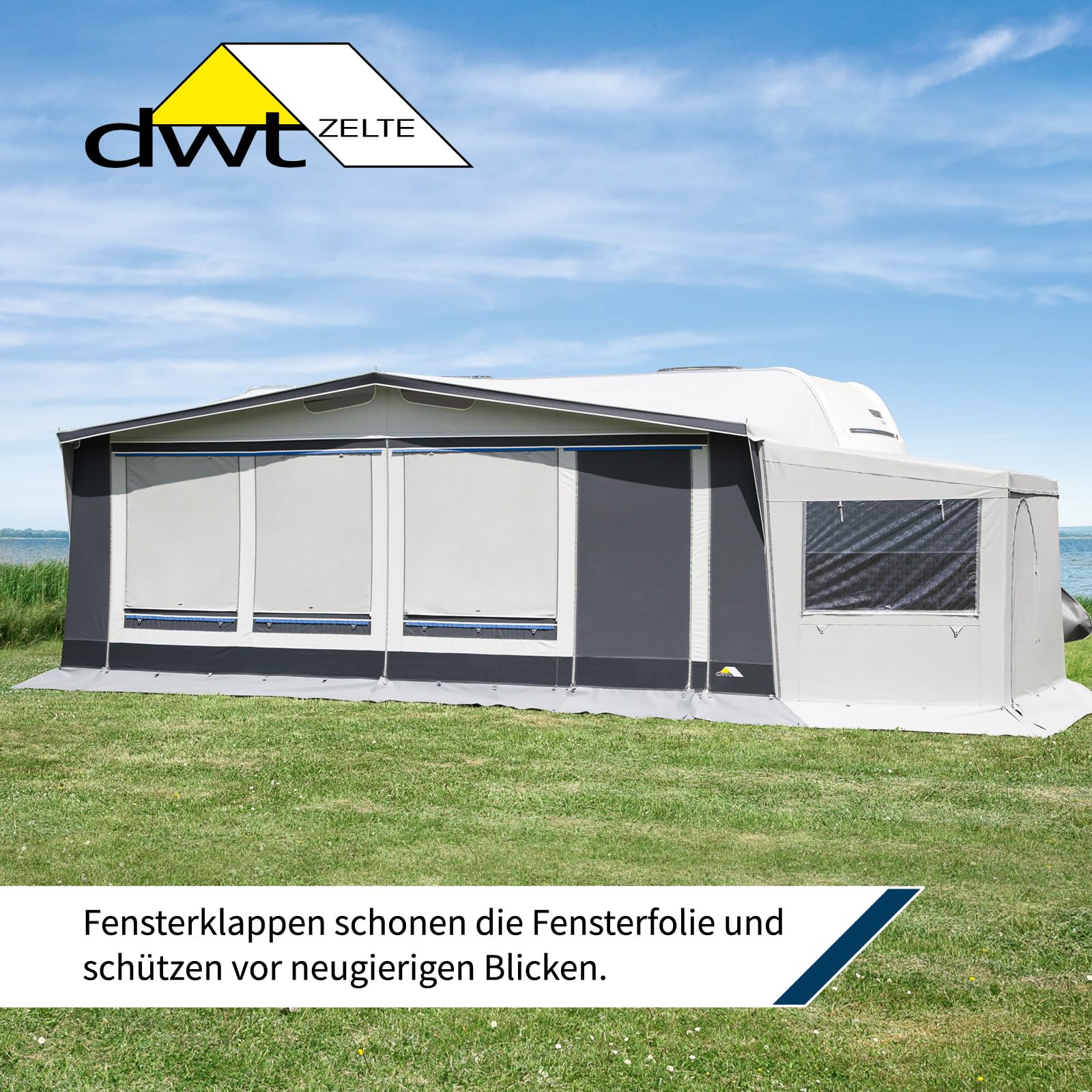 DWT Wohnwagen Vorzelt Polo für Reise- und Saisoncamping, 240 cm Tiefe, hochwertiges und beidseitig kunststoffbeschichtetes Polyestergewebe, 5-teiliges Zelt