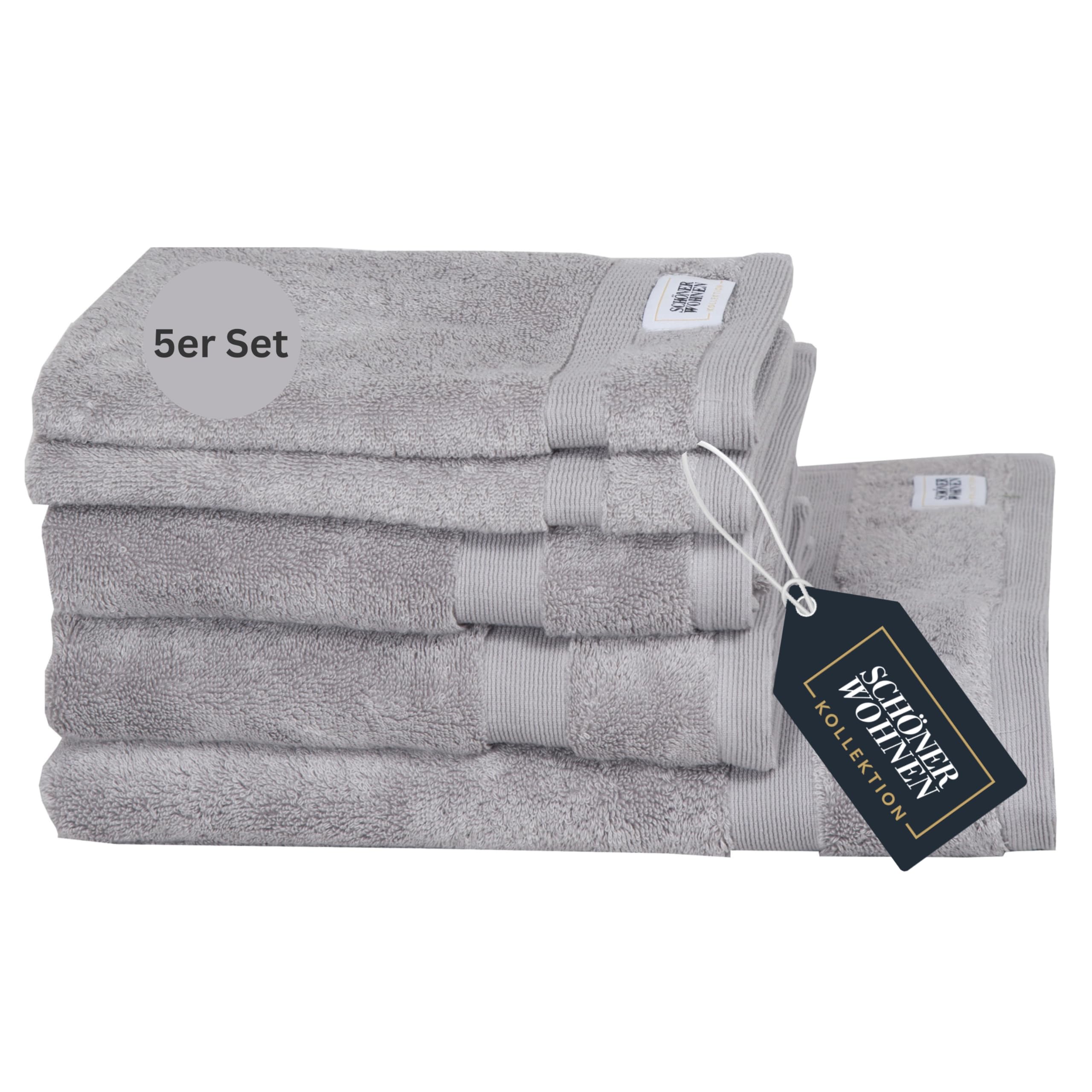 SCHÖNER WOHNEN Frottee Handtücher Set Grau 5teilig - 100% Baumwolle - Handtuch Set flauschig weich - saugstark - besteht aus 1 Duschtuch + 2 Handtücher + 2 Gästetücher - Frottiertücher Öko-Tex