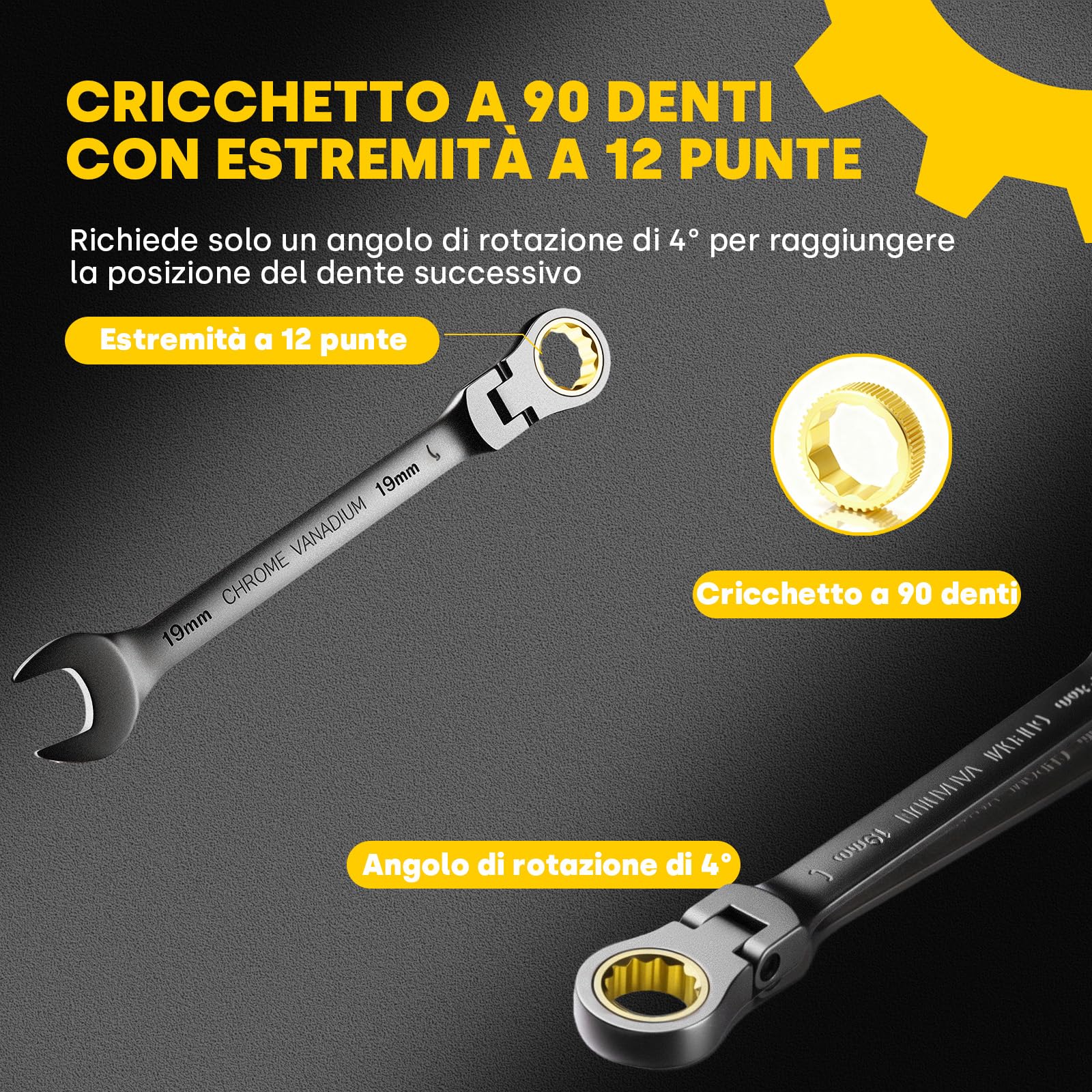 Enventor Set Chiavi a Cricchetto 14pcs, Flessibile Chiave a Cricchetto da Metrico 6mm-19mm, Acciaio al Cromo Vanadio, Nichelato Nero, 90T, Testa Rotante a 180°, Arco di Rotazione a 4°, Cassetta
