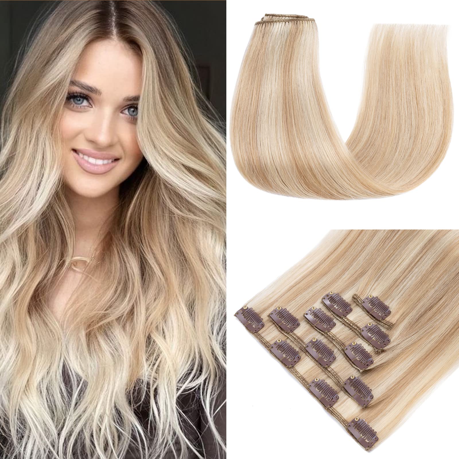S-noilite Clip in Hair Extensions Real Human Hair Ash Blonde/Bleach Blonde