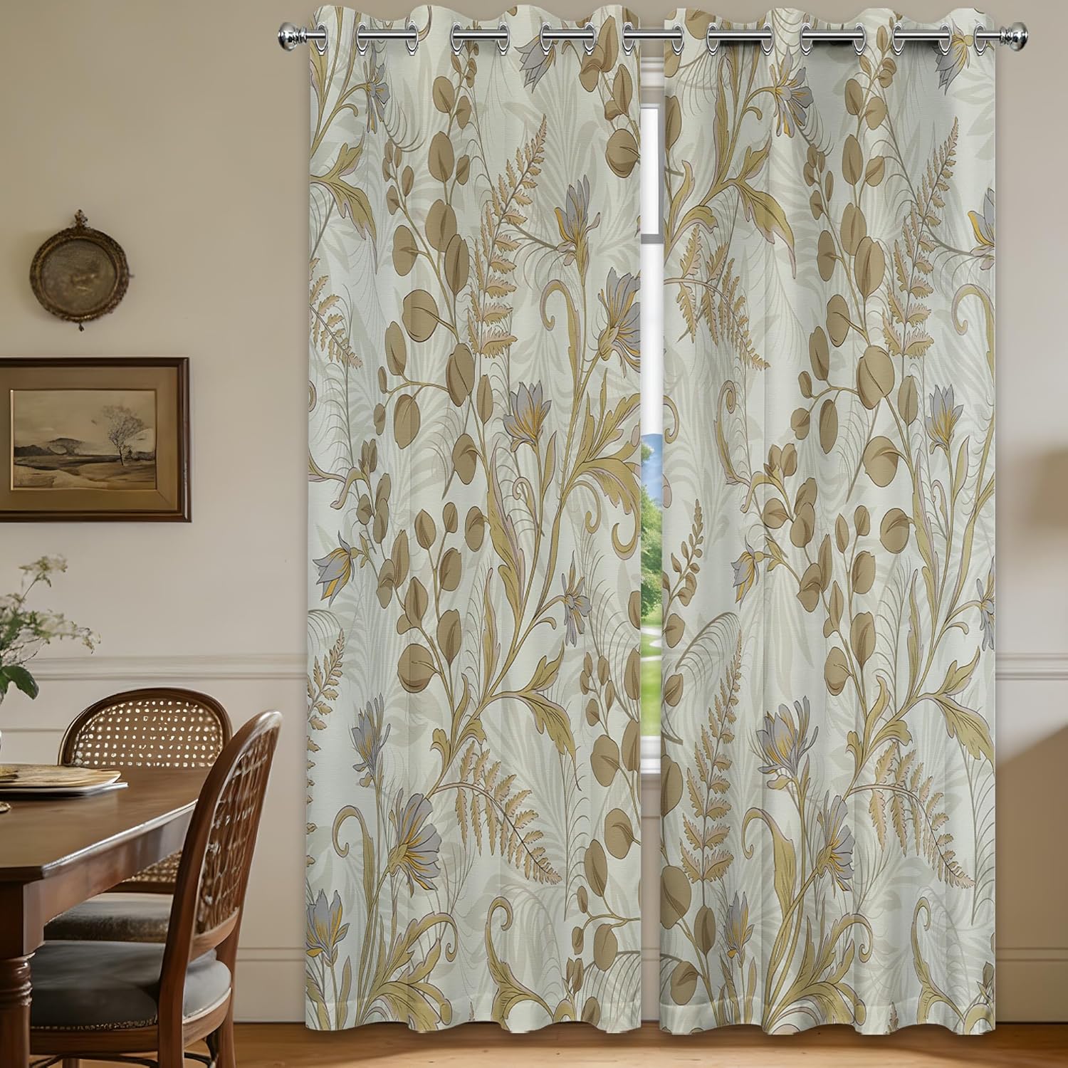 Brown Vintage Botanical Blackout Curtains Patterned Tan Plant and Khaki Leaf Window Drapes for Bedroom Living Room, 84 inch Length 2 Panels Set, 52x84 inch