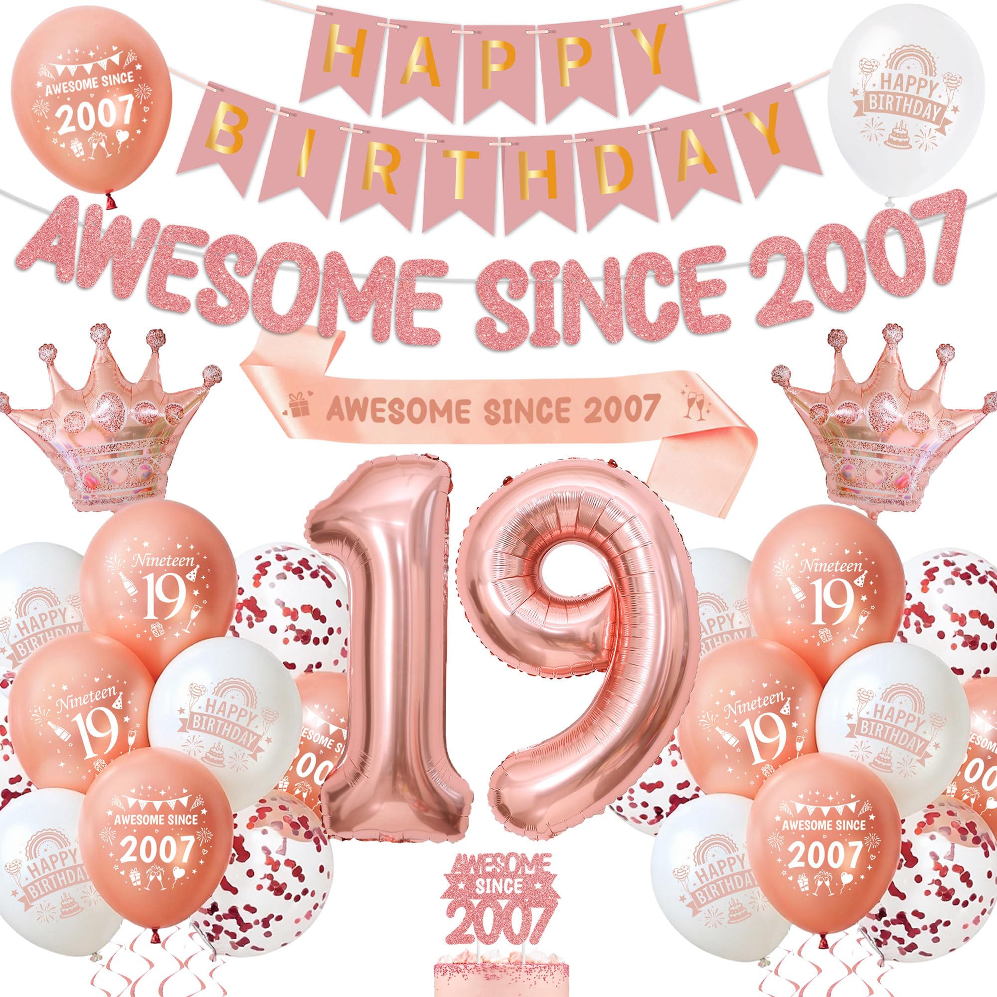 19th Birthday Decorations Rose Gold, Awesome Since 2007 Banner for Girls
