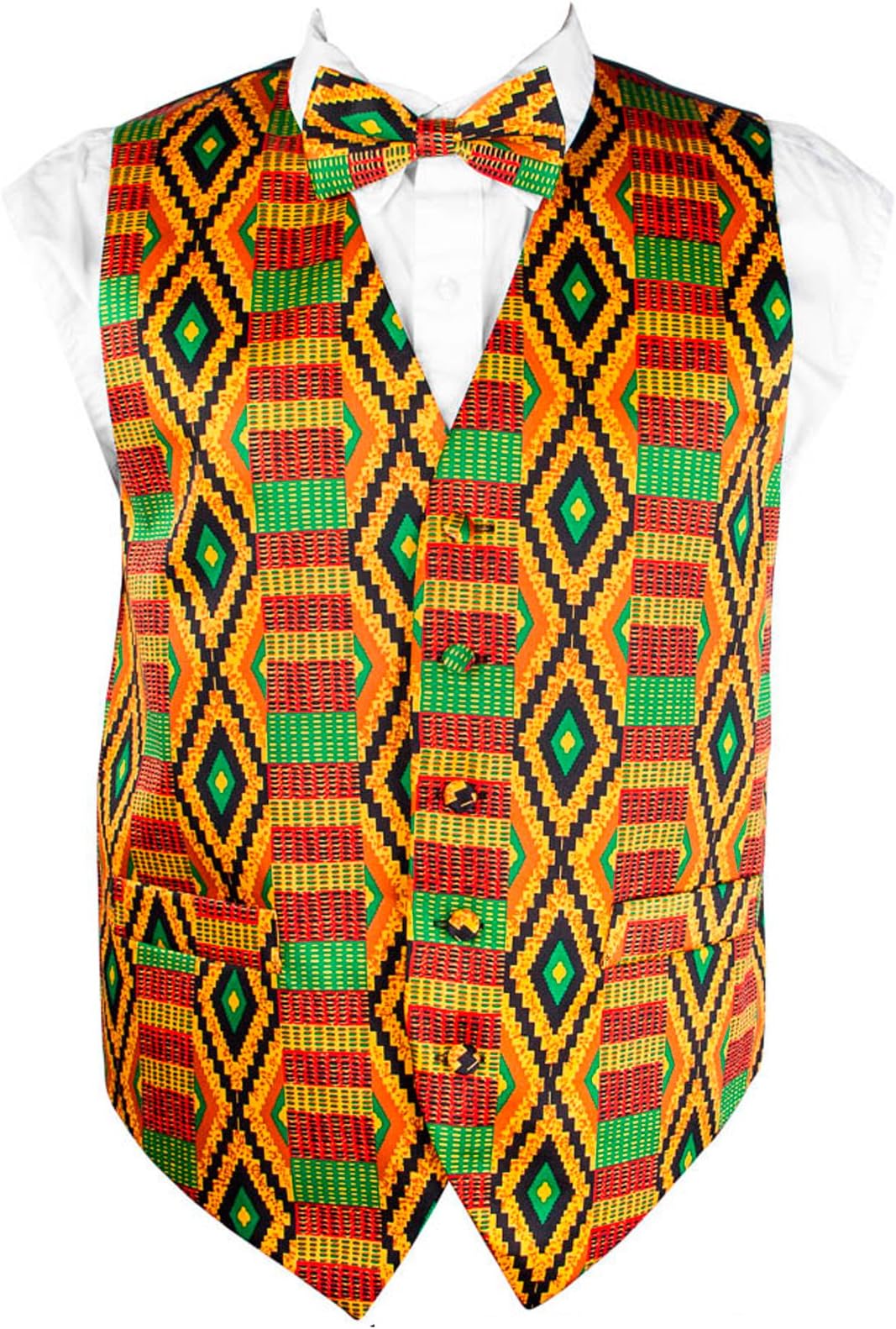 Vittorio Farina Premium Men’s Vest & Bow Tie 2PC Set - African Kente & Animal Print Vest Set