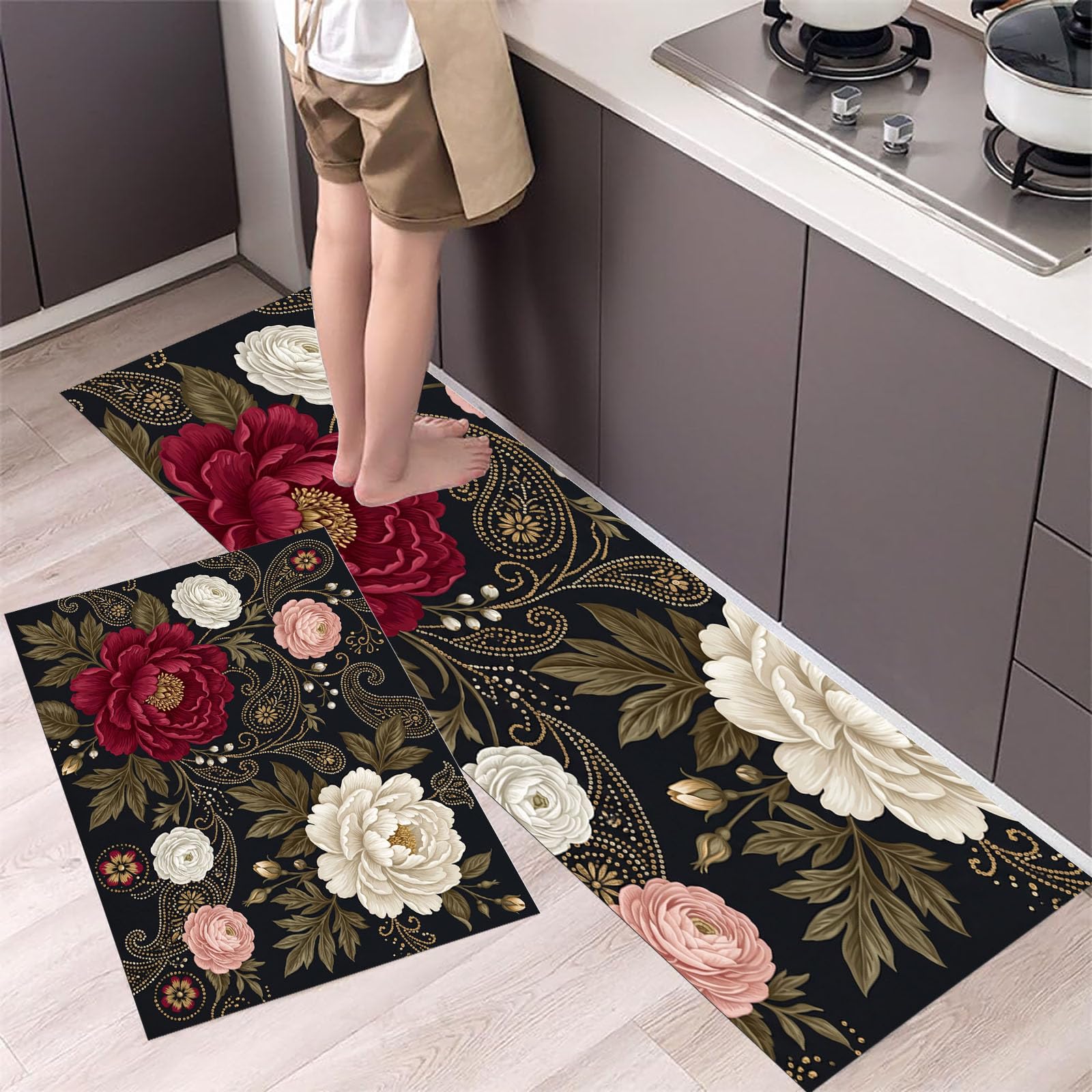 Tapis cuisine lavable et antidérapant pivoine cachemire pour un sol propre