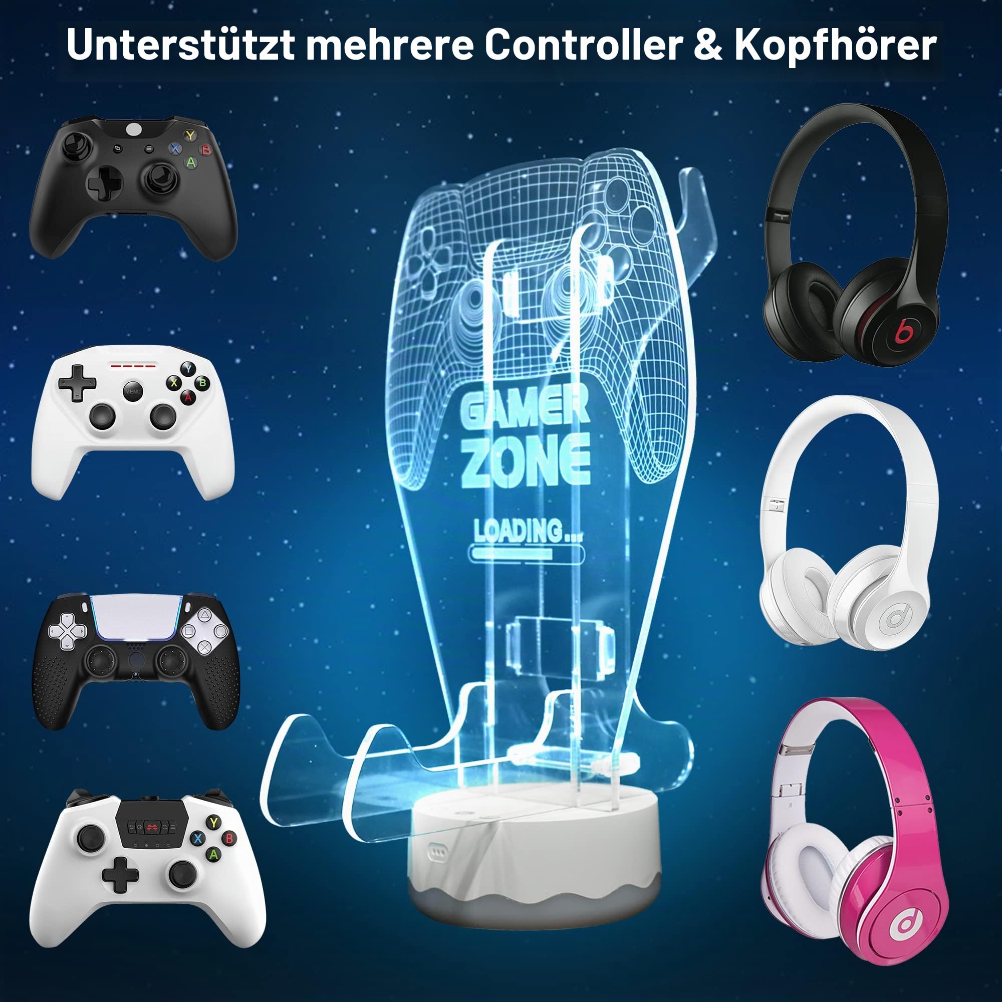 Leuchtender Kopfhörer- und Controller-Halter, 3D-LED-Leuchten, Kopfhörer-Gamepad-Ständer, Gamecontroller-Aufhänger für alle universellen Gaming-PC-Zubehörteile