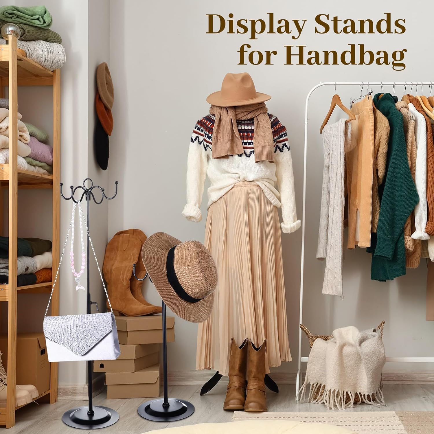 Menkxi 4 Pcs Metal Adjustable Height Purse Display Stands Handbag Jewelry Hat Hook Stands Holders Tree with 4 Hook for Closet Restaurant Boutique Store Tabletop Business Selling(Black) - Image 2