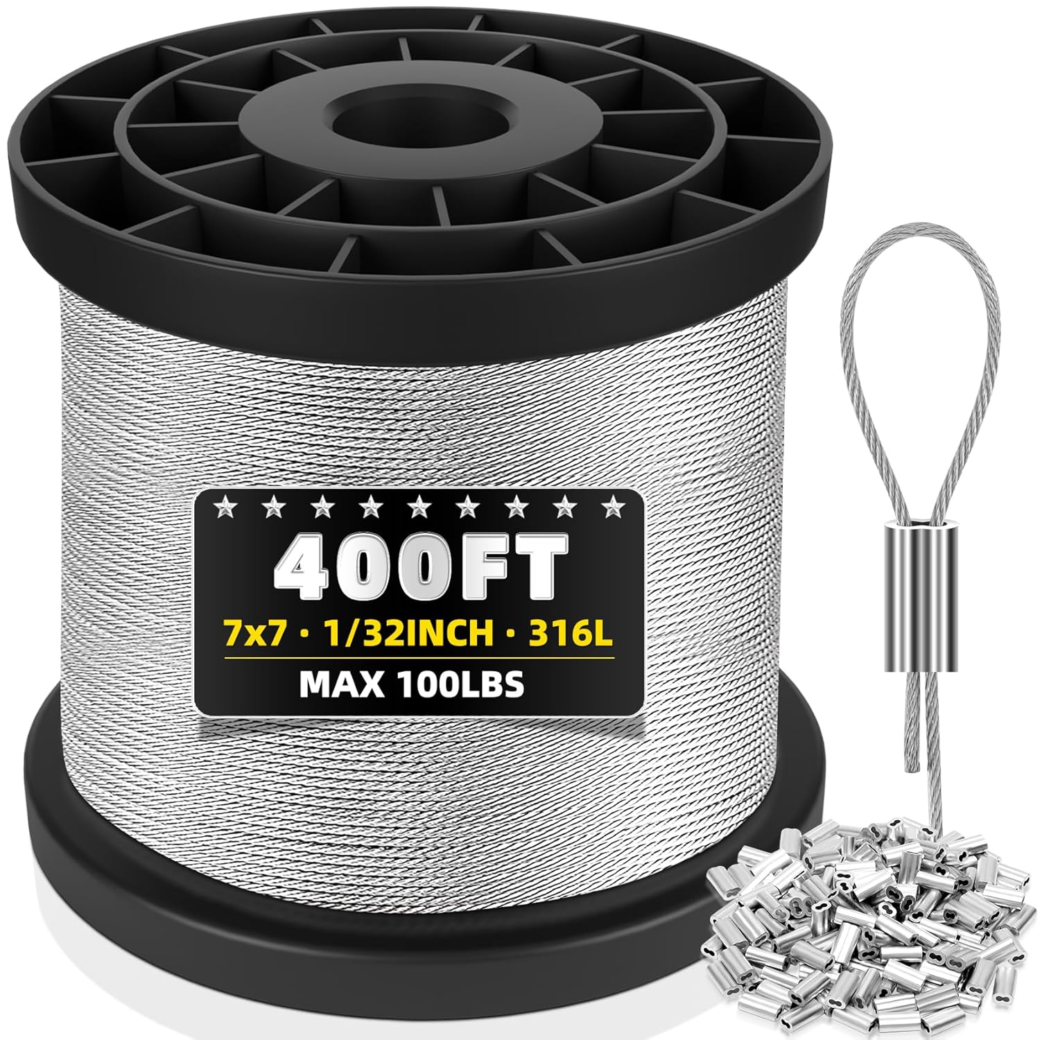 Mariocsa 316 Stainless Steel 1/32" Wire Rope 400FT with 100 Aluminum Sleeves - for String Lights, Clothesline, Trellis, Hanging